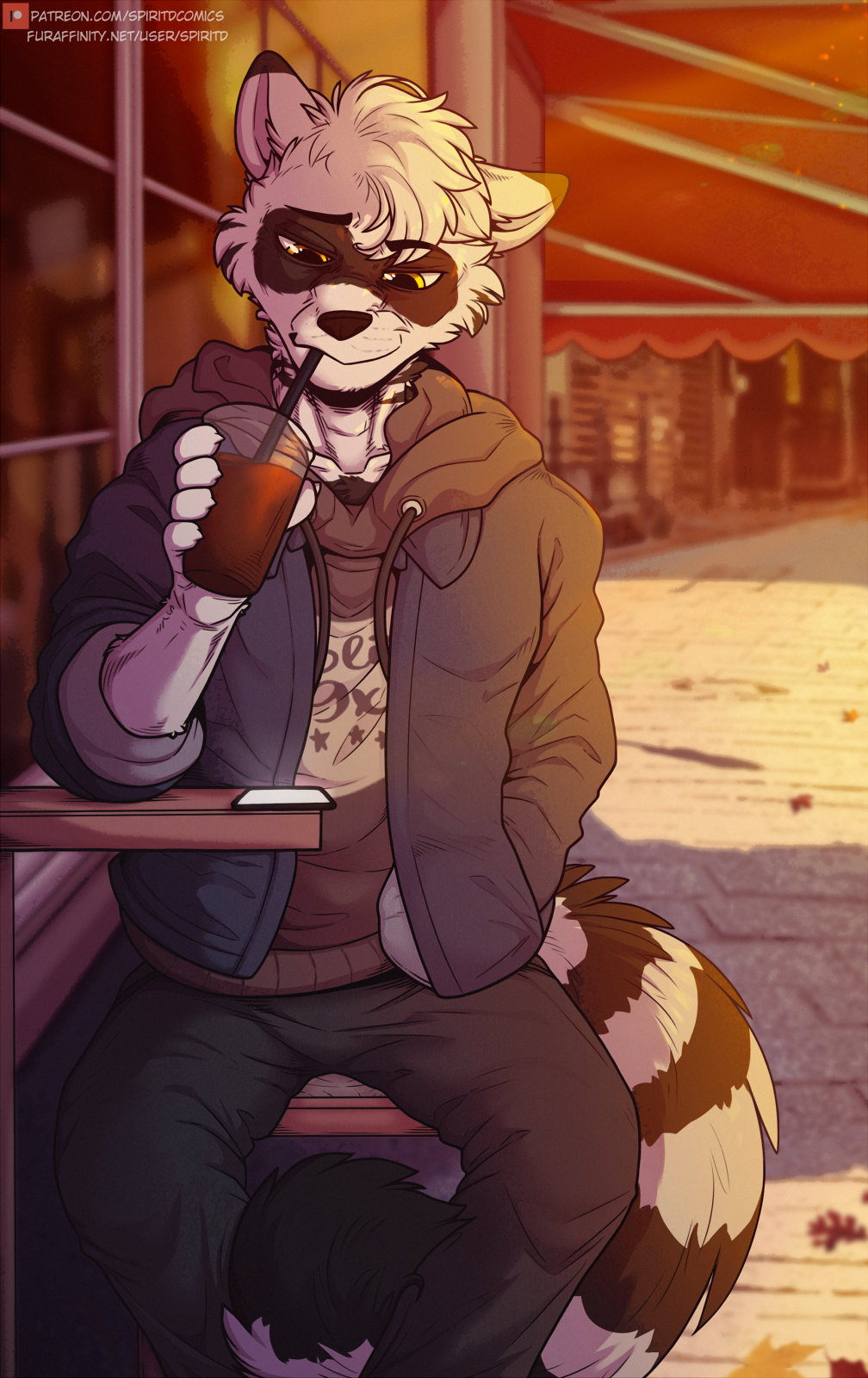 afternoon anthro autumn beverage bottomwear cafe chill clothing coffee fluffy hi_res hoodie jacket male mammal outside pants phone procyonid raccoon relaxing sitting solo spiritd street sun sunset topwear