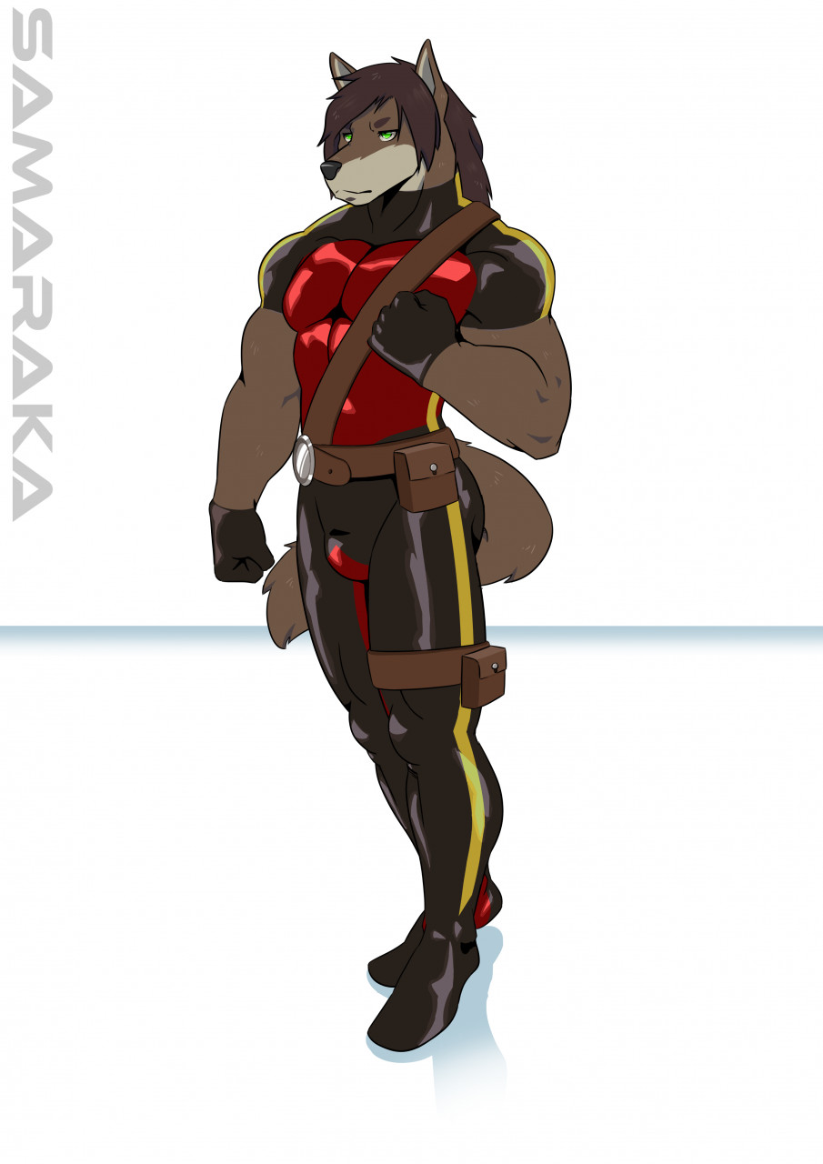 anthro belt brown_hair canid canine canis fluffy fluffy_tail green_eyes hair hero hi_res kieran latex long_hair male mammal muscular pouches samaraka shoulder_harness solo tail thigh_pouch wolf