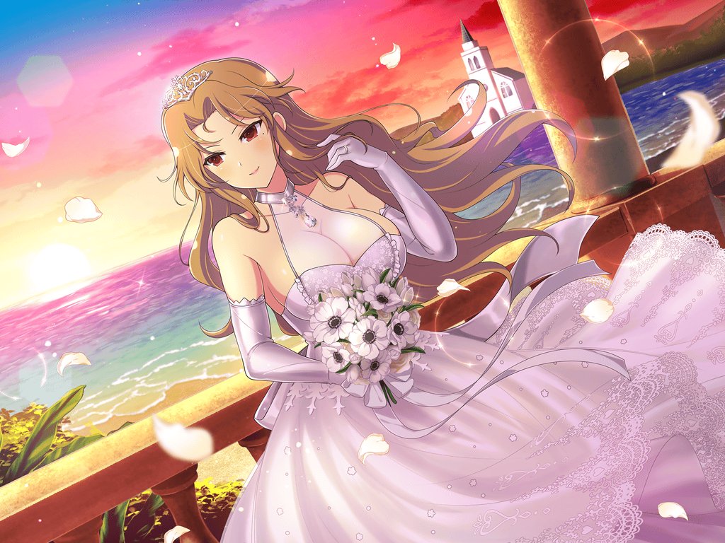 1girl banister beach blonde_hair blush bouquet breasts bride building church cleavage cloud daidouji_(senran_kagura) dress dusk elbow_gloves evening falling_petals floral_print flower foaming_waves frilled_dress frilled_gloves frills gloves gradient_sky holding holding_bouquet horizon jewelry lace-trimmed_dress lace_trim large_breasts leaf light_particles long_hair mole mole_under_eye mountainous_horizon necklace ocean official_alternate_costume official_art orange_sky outdoors petals purple_sky red_eyes red_sky ribbon ring sand see-through_cleavage senran_kagura senran_kagura_burst senran_kagura_new_link senran_kagura_shoujo-tachi_no_shin'ei shore sky smile solo star_(sky) steeple sun sunlight sunset tiara twilight very_long_hair water waves wedding_dress wedding_ring white_dress white_flower white_gemstone white_gloves white_ribbon yaegashi_nan yellow_sky