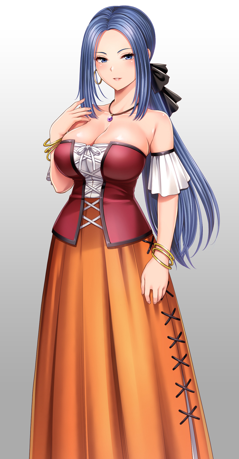 1girl bare_shoulders black_bow blue_eyes blue_hair bow bracelet breasts cleavage comiket_101 corset cross-laced_corset detached_sleeves dragon_quest earrings gradient_background hair_bow hand_up highres hoop_earrings jewelry large_breasts long_hair looking_at_viewer necklace orange_skirt parted_lips ponytail ruida shirt simple_background skirt st.germain-sal white_shirt