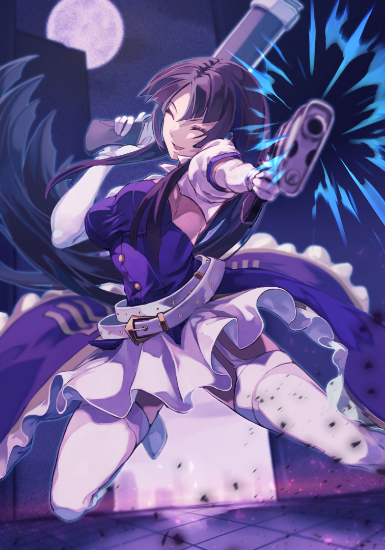 1girl belt black_hair breasts closed_eyes dress elbow_gloves full_moon gloves gun hime_cut holding holding_gun holding_weapon kaguya_(under_night_in-birth) long_hair loose_belt moon multiple_belts online_neet open_mouth solo thigh_strap thighhighs under_night_in-birth under_night_in-birth_2_sys:celes very_long_hair weapon white_gloves