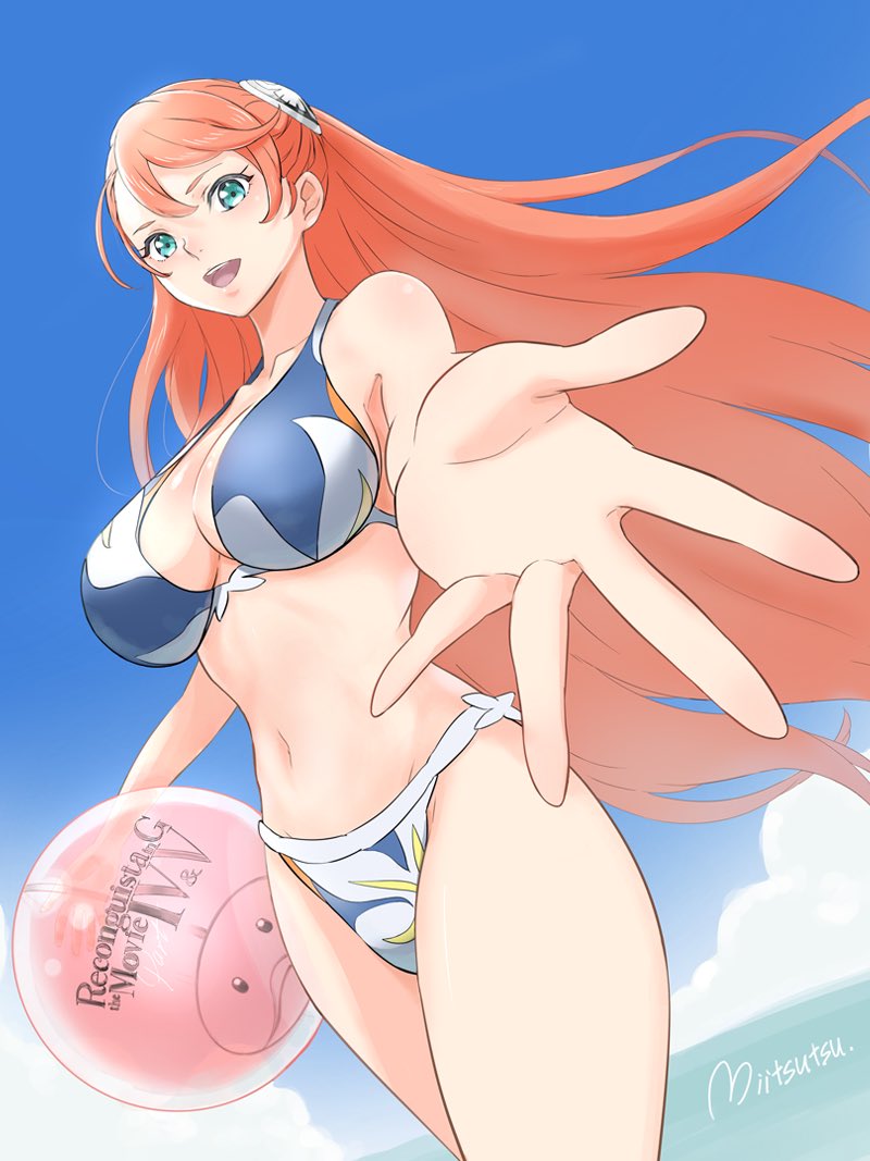 1girl aida_rayhunton bikini blue_bikini breasts cloud green_eyes gundam gundam_g_no_reconguista hair_ornament haro large_breasts long_hair looking_at_viewer mitsutsu322 navel ocean open_mouth outstretched_hand pink_hair science_fiction smile solo swimsuit