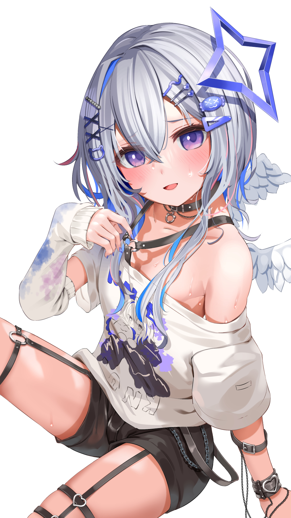 amane_kanata angel angel_wings armpits blue_hair blush chain choker colored_inner_hair commentary detached_sleeves feathered_wings flat_chest grey_hair hair_between_eyes hair_ornament hairpin halo highres hololive looking_at_viewer mini_wings multicolored_hair off_shoulder open_mouth purple_eyes short_hair short_shorts shorts sidelocks simple_background single_hair_intake sitting smile star_halo streaked_hair sweat takahira_(takahirac562) thighs virtual_youtuber white_background wings