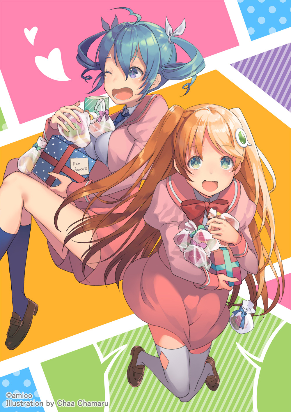 2girls amiami_(company) amico blue_eyes blue_hair blue_socks blush bow box breasts brown_footwear gift gift_box hair_ornament hair_ribbon heart highres holding holding_gift kneehighs lilco loafers long_hair looking_at_viewer multiple_girls official_art one_eye_closed open_mouth orange_hair pink_sailor_collar pink_skirt ribbon sailor_collar shoes simple_background skirt socks thighhighs twintails two_side_up white_ribbon white_thighhighs yumekui