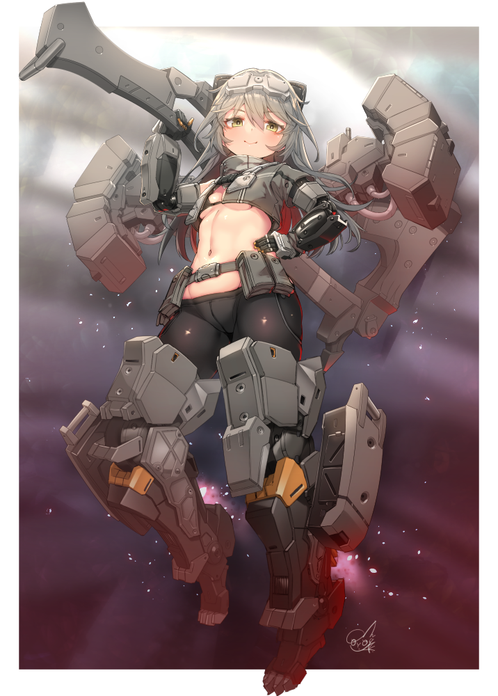 1girl alice_gear_aegis arm_armor axe bikini bikini_top_only black_pantyhose breasts closed_mouth collared_jacket commentary_request cropped_jacket doyouwantto full_body goggles goggles_on_head green_eyes grey_hair grey_jacket hand_on_own_hip headgear holding holding_axe holding_weapon jacket leg_armor long_hair looking_at_viewer mecha_musume mechanical_wings navel open_clothes open_jacket outside_border over_shoulder pantyhose shinonome_chie signature small_breasts smile solo swimsuit thrusters weapon weapon_over_shoulder wings