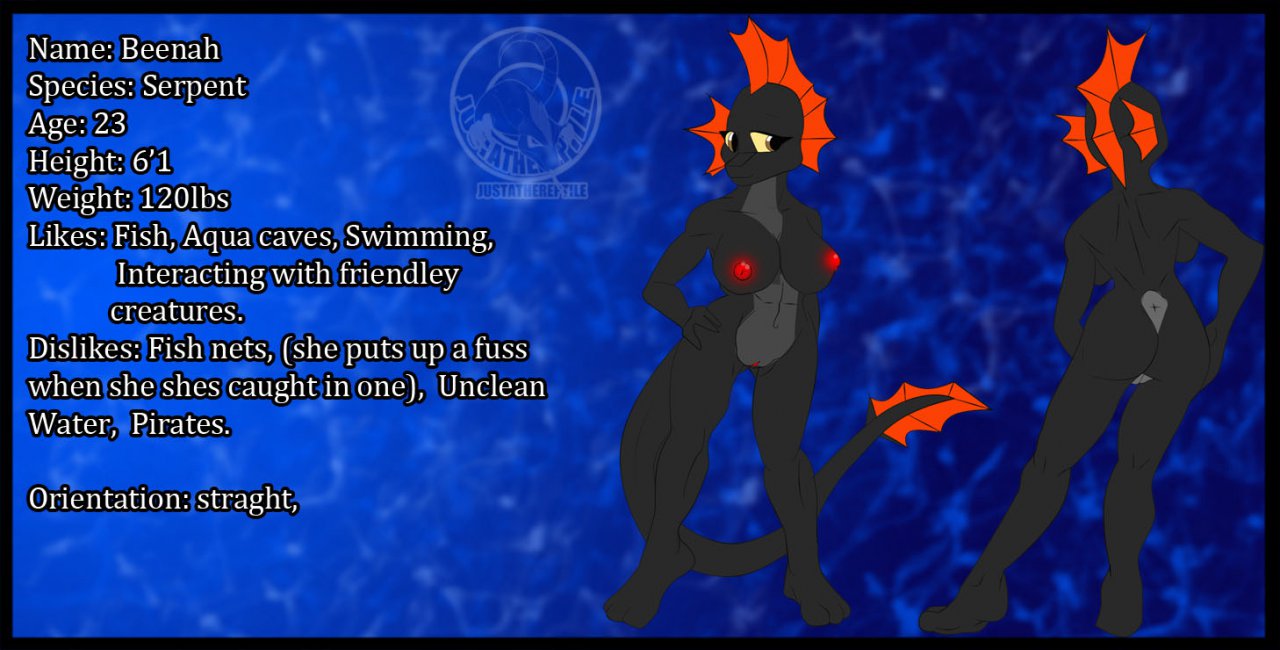 2012 3_toes anthro aquatic_dragon areola athletic athletic_female beenah_(justathereptile) big_breasts black_body black_scales black_skin breasts brown_eyes butt character_name digital_media_(artwork) dragon ear_fins english_text feet female fin genitals hand_on_hip head_fin justathereptile looking_at_viewer marine model_sheet nipples non-mammal_breasts non-mammal_nipples nude orange_fin pussy red_areola red_nipples red_pussy scales scalie sea_serpent simple_background smile solo tail tail_fin text toes water water_background watermark yellow_sclera