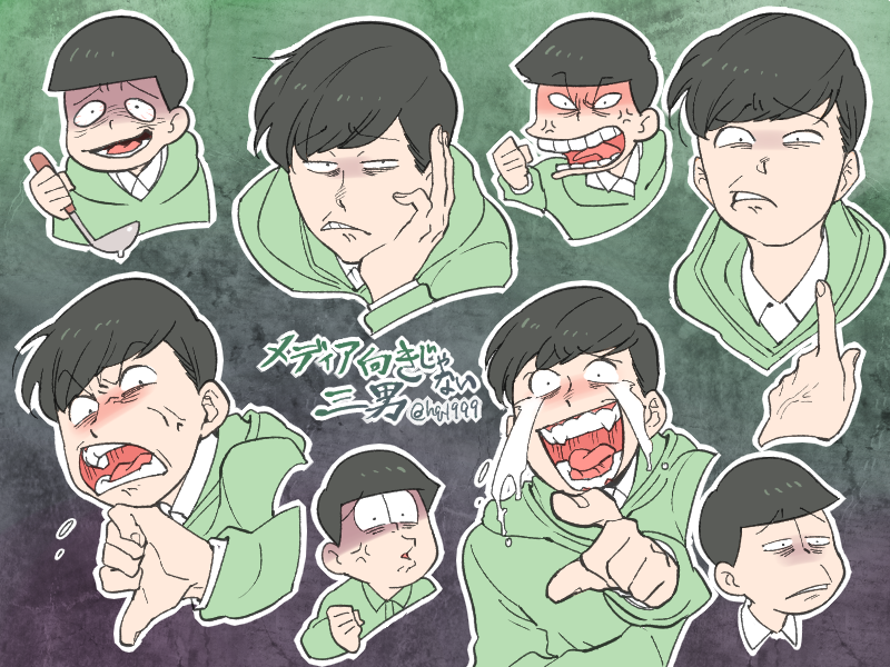 anger_vein clenched_hand clenched_teeth evil_smile frown gesugao green_hoodie holding holding_ladle hood hoodie index_finger_raised ladle laughing matsuno_choromatsu multiple_views osomatsu-san pointing shaded_face shouting smile sneer tamago_toji teeth thumbs_down