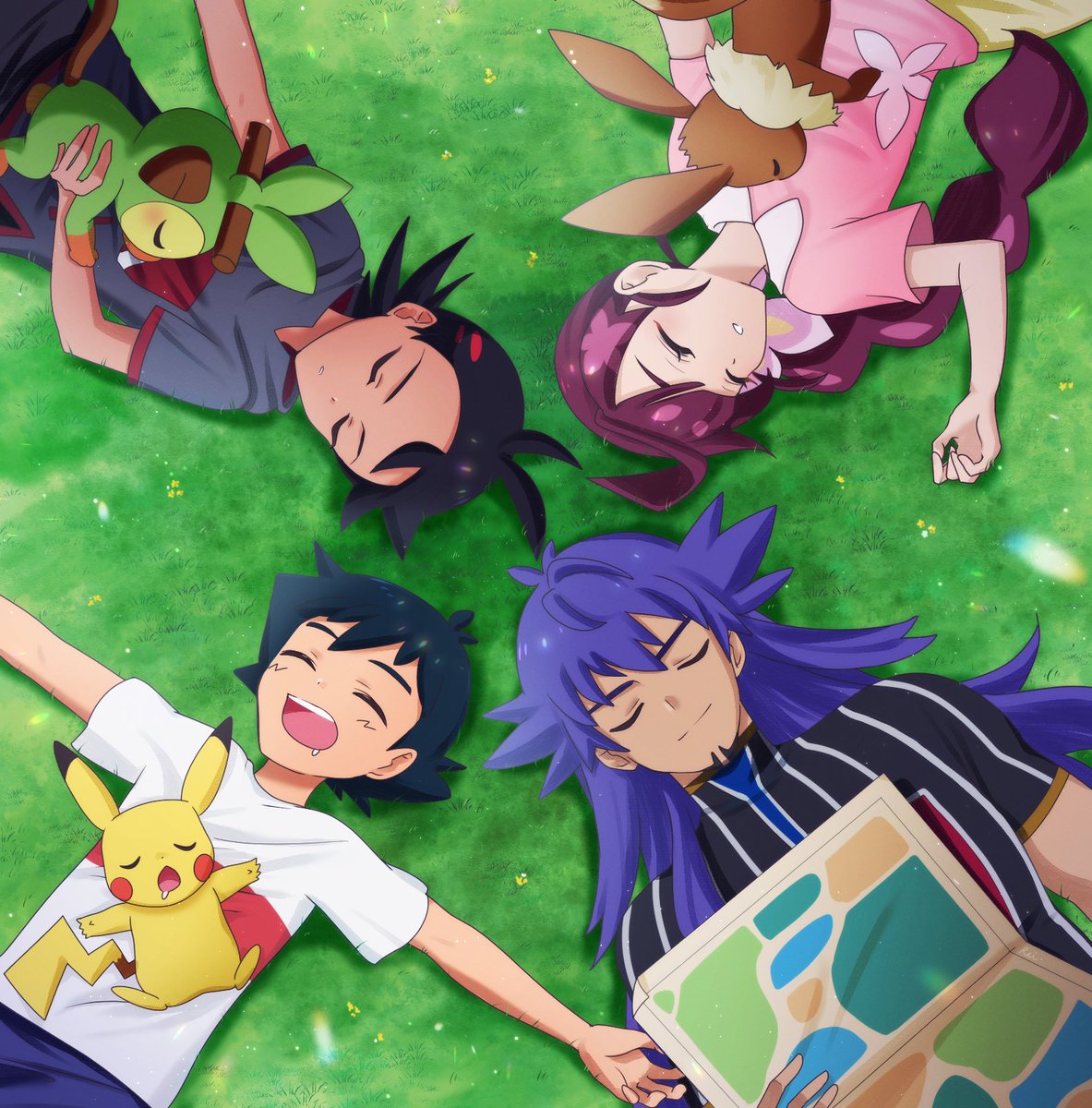 1girl 3boys ash_ketchum black_hair black_shirt chloe_(pokemon) closed_eyes closed_mouth commentary_request day eevee from_above goh_(pokemon) grass grey_shirt grookey highres leon_(pokemon) long_hair lying map multiple_boys on_back outdoors parted_lips pikachu pink_shirt pokemon pokemon_(anime) pokemon_(creature) pokemon_journeys rei_hinketsu shirt short_sleeves sleeping split_mouth t-shirt white_shirt