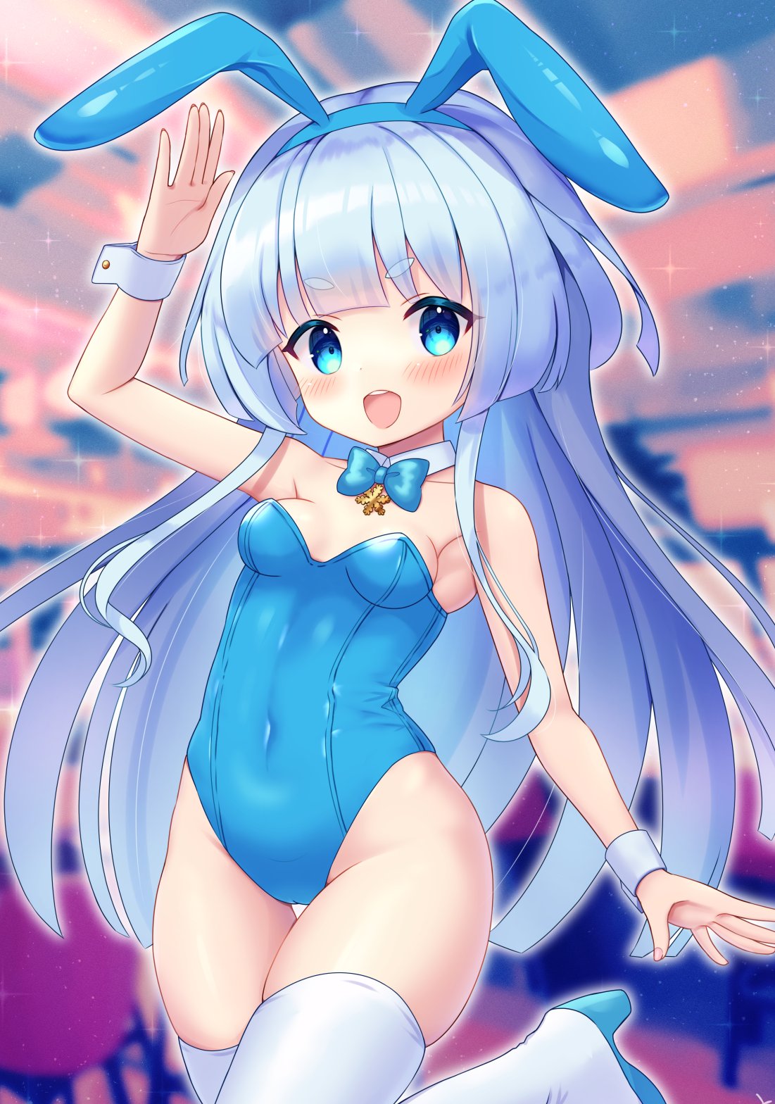 1girl alternate_costume animal_ears arm_up blue_eyes blue_hair blurry blurry_background blush breasts character_request collarbone commentary_request fake_animal_ears flower_knight_girl highres leg_up looking_at_viewer open_mouth rabbit_ears ribbon salute small_breasts solo thighhighs thighs