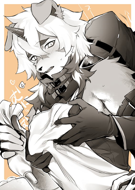 2022 anthro arknights canid canine canis clothed clothing cooking doctor_(arknights) domestic_dog duo fully_clothed fur gloves hair hand_on_pecs handwear horn human human_on_anthro hung_(arknights) hypergryph interspecies japanese_text kansouyoutsuki long_hair male male/male mammal mask monochrome studio_montagne text