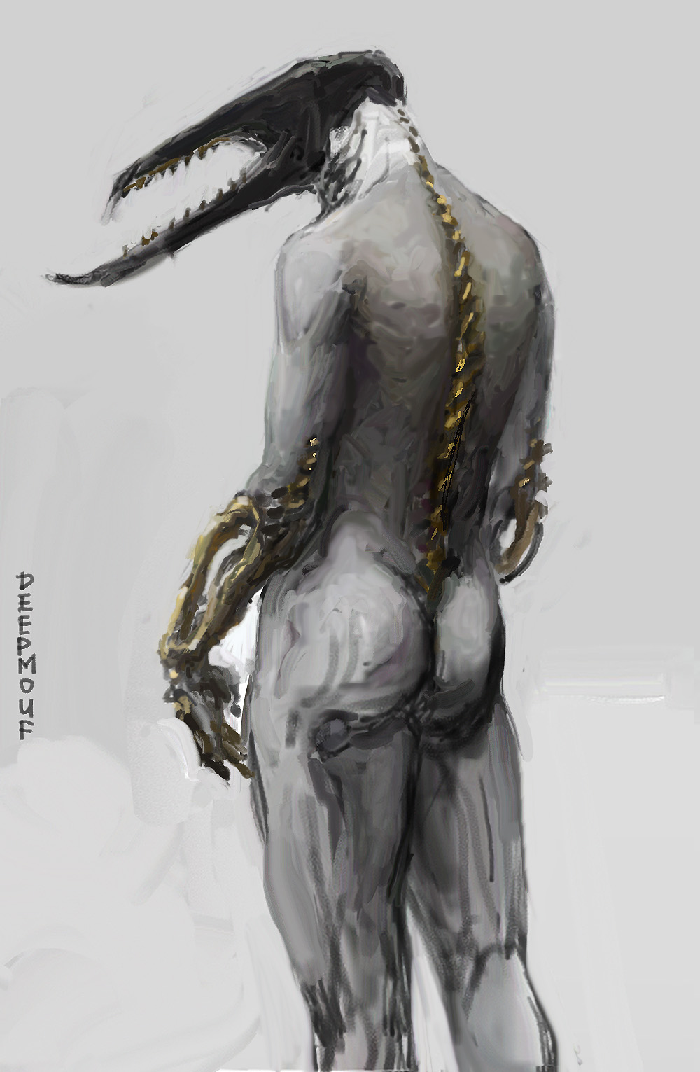 balls bone_arm butt deepmouf exposed_cock genitals gills gold_penis hi_res male nipple_piercing nipples nude penis piercing solo spine_implant teeth unknown_species