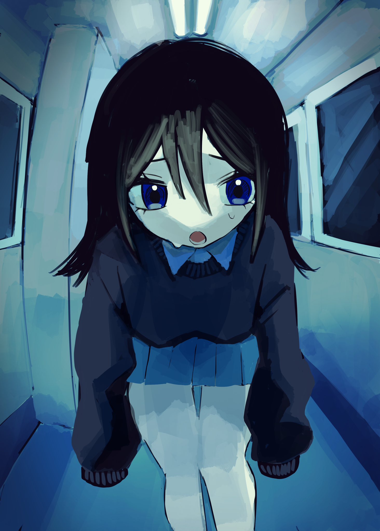 1girl bent_over black_hair blue_eyes blue_skirt collared_shirt feet_out_of_frame fisheye fluorescent_lamp grey_sweater hair_between_eyes hallway highres indoors long_hair long_sleeves looking_at_viewer miniskirt open_mouth original pleated_skirt shirt skirt sleeves_past_fingers sleeves_past_wrists solo standing straight_hair sweater tears urokogaran