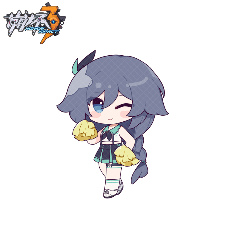 1girl alternate_costume blue_eyes blush braid cheerleader chibi eta fu_hua full_body grey_hair hair_between_eyes honkai_(series) honkai_impact_3rd logo long_hair looking_at_viewer one_eye_closed simple_background skirt sleeveless smile socks solo standing thigh_strap very_long_hair white_background white_footwear white_socks