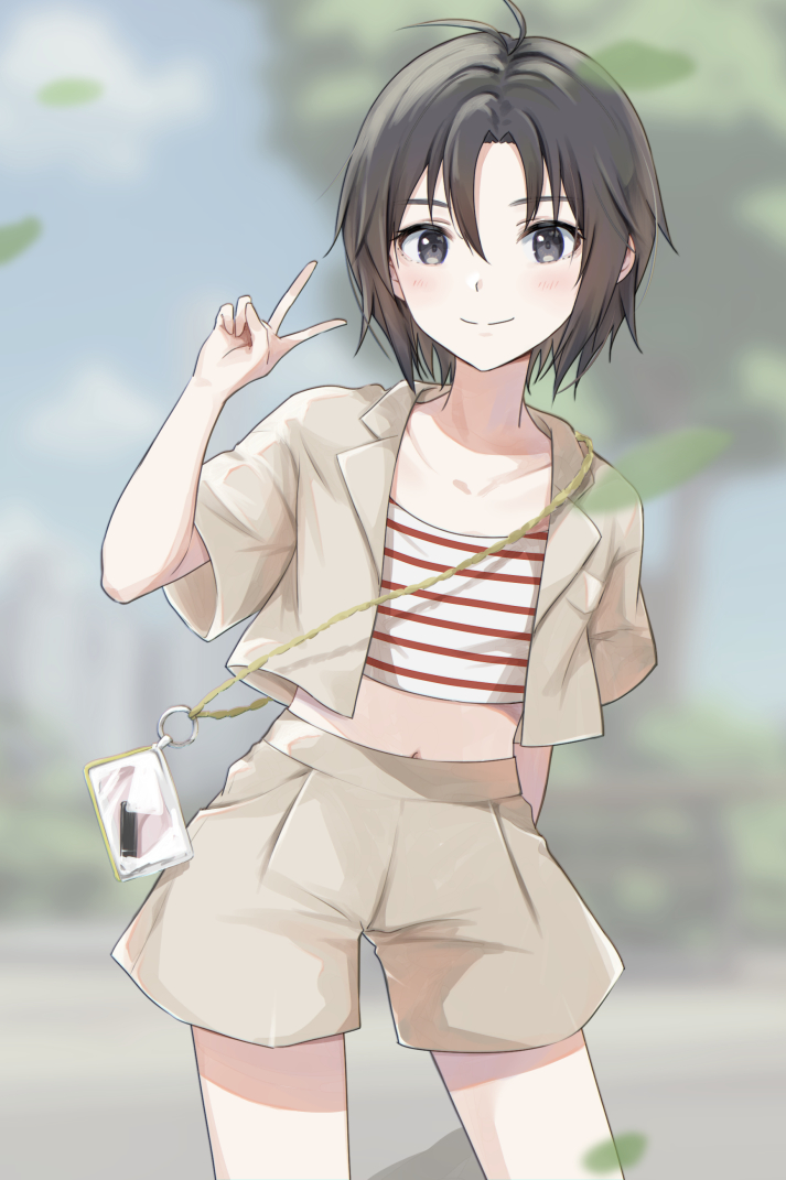 1girl antenna_hair arm_behind_back black_eyes black_hair blurry blurry_background blush breasts brown_jacket brown_shorts cellphone closed_mouth collarbone commentary cowboy_shot crop_top cropped_jacket cropped_shirt day depth_of_field falling_leaves hair_between_eyes hand_up idolmaster idolmaster_(classic) jacket kikuchi_makoto lanyard leaf leaning_to_the_side light_blush long_bangs looking_at_viewer midriff mogskg navel open_clothes open_jacket outdoors park phone red_shirt shirt short_hair short_shorts short_sleeves shorts small_breasts smile solo standing striped striped_shirt tree v white_shirt