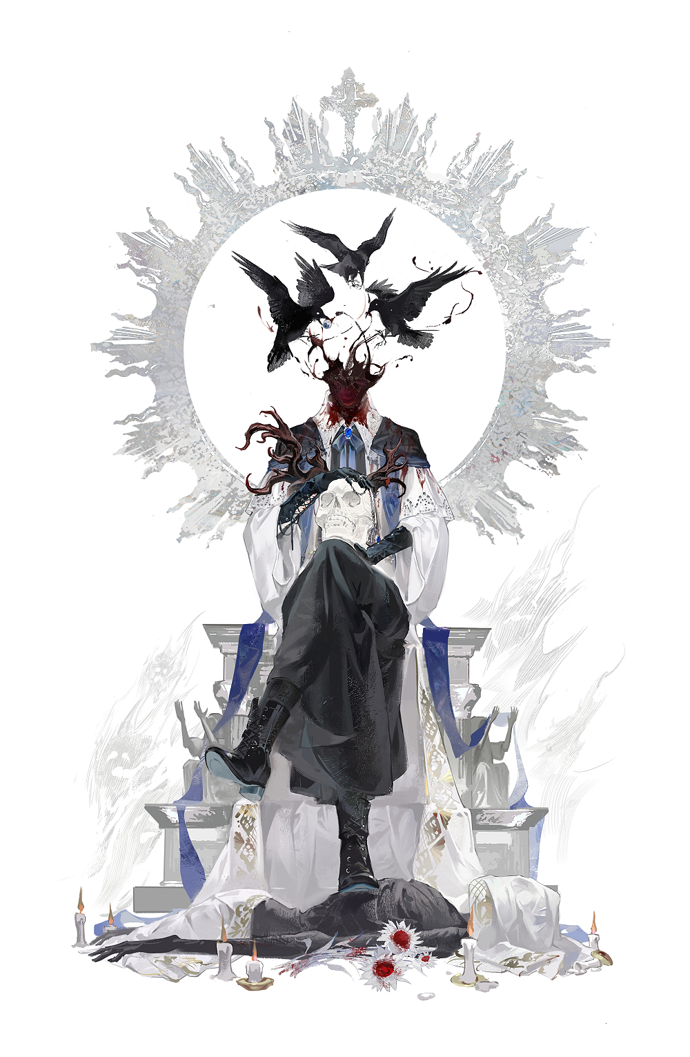 amulet bird black_dress black_footwear black_gloves blood blood_on_clothes blood_on_flower blood_on_ground blood_splatter bloodborne bloodytongue666 blue_bow blue_ribbon boots bow bowtie candy cloak crossed_legs crow death dress elbow_gloves exploded_head eyeball fire flower food gloves highres holding holding_skull jewelry laurence_the_first_vicar long_sleeves organs ribbon ring simple_background sitting skull sleeves_past_elbows statue tombstone white_background white_cloak white_dress white_fire white_flower