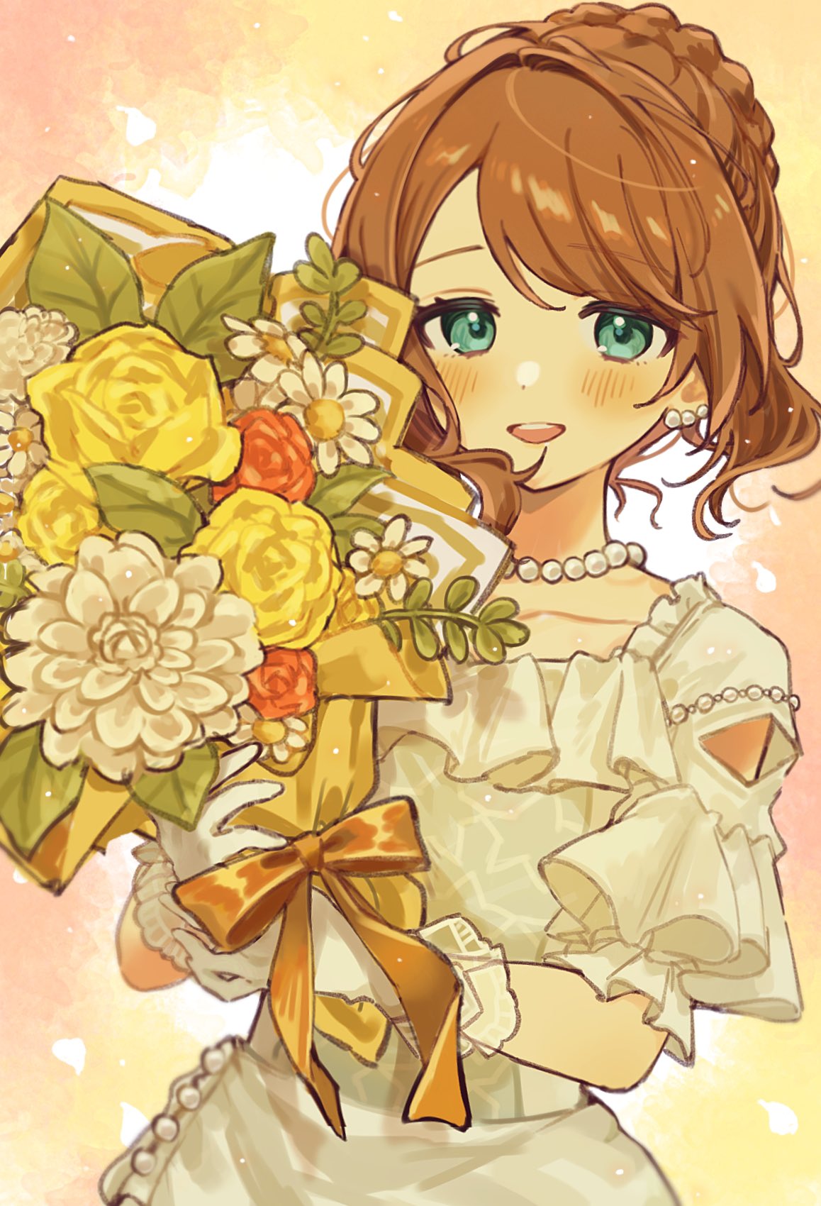 1girl aqua_eyes arm_cutout blush bouquet bow braid brown_hair camellia chamomile dress earrings flower gloves highres holding holding_bouquet jewelry mochizuki_honami necklace open_mouth orange_background orange_bow orange_flower orange_rose pearl_earrings pearl_necklace project_sekai rose short_sleeves sidelocks smile solo swept_bangs tonari_ni_tatsu_yasashii_anata_e_(project_sekai) uminokaisen upper_body white_dress white_flower white_gloves yellow_flower yellow_rose