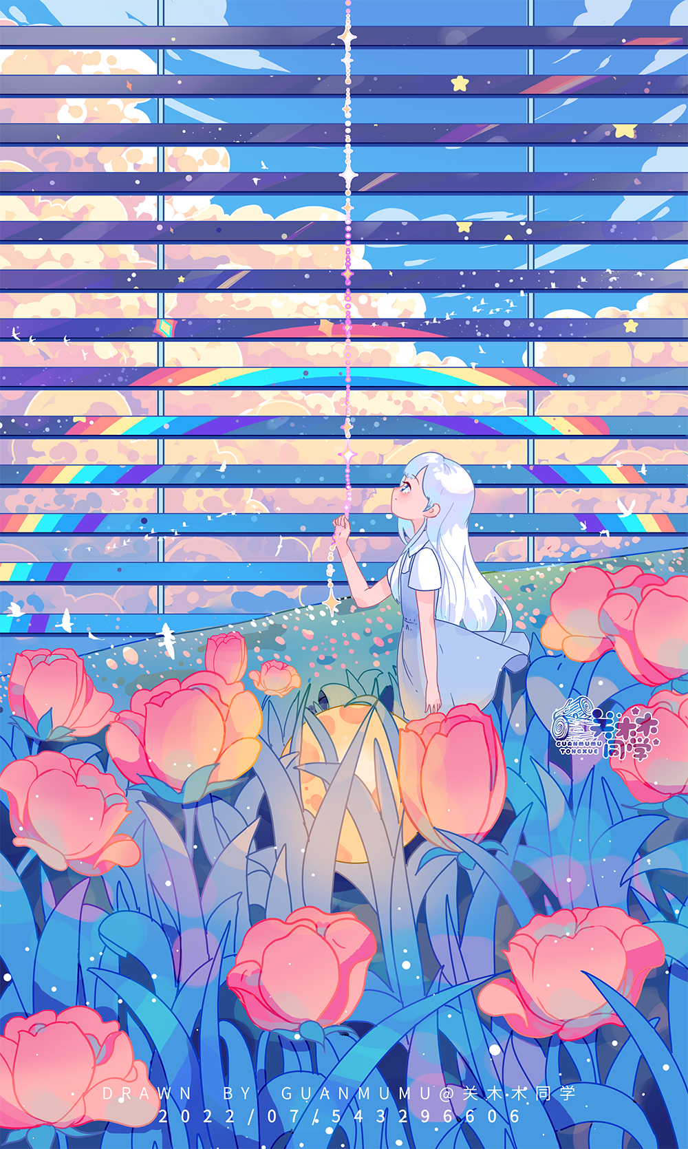 1girl artist_name bird blue_dress blue_eyes blue_sky cable clothes_lift cloud collared_shirt dated day dress dress_lift field flower flower_field flower_request from_side guanmumu highres hill landscape long_hair looking_up moon_(ornament) original parted_lips pink_flower pulling rainbow shirt short_dress short_sleeves sky sleeveless sleeveless_dress solo star_(symbol) straight_hair too_many too_many_birds watermark white_hair white_shirt window_blinds
