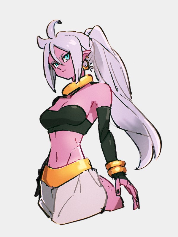 1girl alternate_hairstyle android_21 black_sleeves blue_eyes breasts cleavage closed_mouth colored_skin detached_sleeves dragon_ball dragon_ball_fighterz earrings grey_background hoop_earrings jewelry kemachiku looking_at_viewer majin_android_21 medium_breasts navel pink_skin ponytail simple_background smile solo tail white_hair