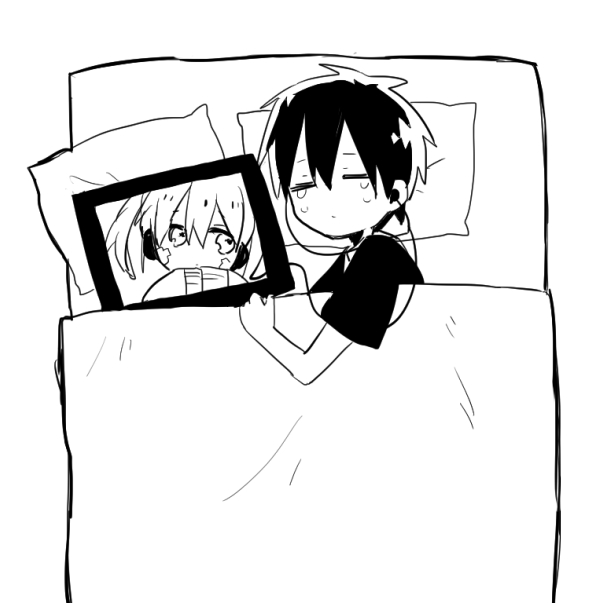 1boy 1girl =_= bed blanket closed_eyes closed_mouth commentary covering_with_blanket dot_mouth double-parted_bangs earphones ene_(kagerou_project) facial_mark facing_viewer from_above hair_between_eyes head_on_pillow headphones high_contrast jacket kagerou_project kisaragi_shintarou kyokutsuki lonely looking_to_the_side lying monochrome on_bed on_side portrait screen shirt short_hair short_sleeves sideways_glance simple_background sleeves_past_fingers sleeves_past_wrists t-shirt tablet_pc tears track_jacket twintails upper_body very_long_sleeves