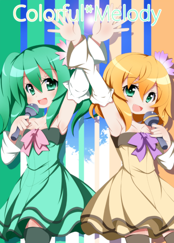 2girls aqua_eyes aqua_hair bare_shoulders blonde_hair blue_eyes blush bow cheerful_candy_(module) collarbone colorful_drop_(module) colorful_x_melody_(vocaloid) commentary_request detached_sleeves dress flat_chest flower frilled_dress frills hair_flower hair_ornament hand_up hatsune_miku heart kagamine_rin long_hair microphone multiple_girls music oborotsuki_kakeru open_mouth outstretched_hand plaid plaid_background project_diva_(series) project_diva_2nd ribbon short_hair singing smile strapless strapless_dress striped striped_dress thighhighs vocaloid zettai_ryouiki