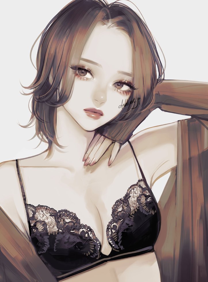 1girl arm_up bra breasts cleavage eyelashes eyeshadow lace lace_bra light_frown lips looking_to_the_side makeup nail_polish original parted_bangs see-through see-through_sleeves short_hair solo takenaka underwear upper_body