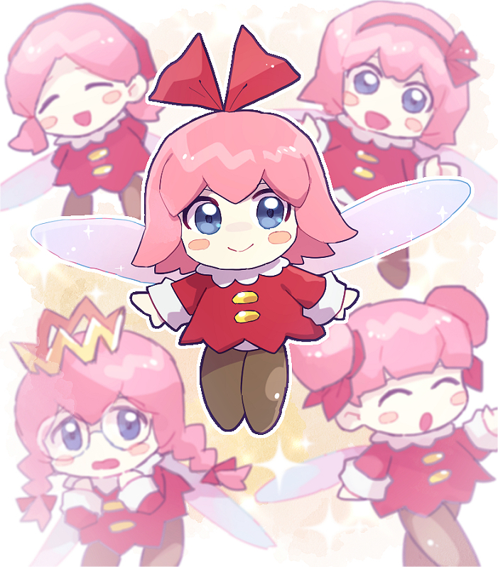 1girl blue_eyes blush_stickers chiimako closed_eyes cosplay double_bun fairy fairy_wings glasses hair_bun kirby_(series) kirby_64 looking_at_viewer pink_hair red_ribbon ribbon ribbon_(kirby) ripple_star_queen smile wings