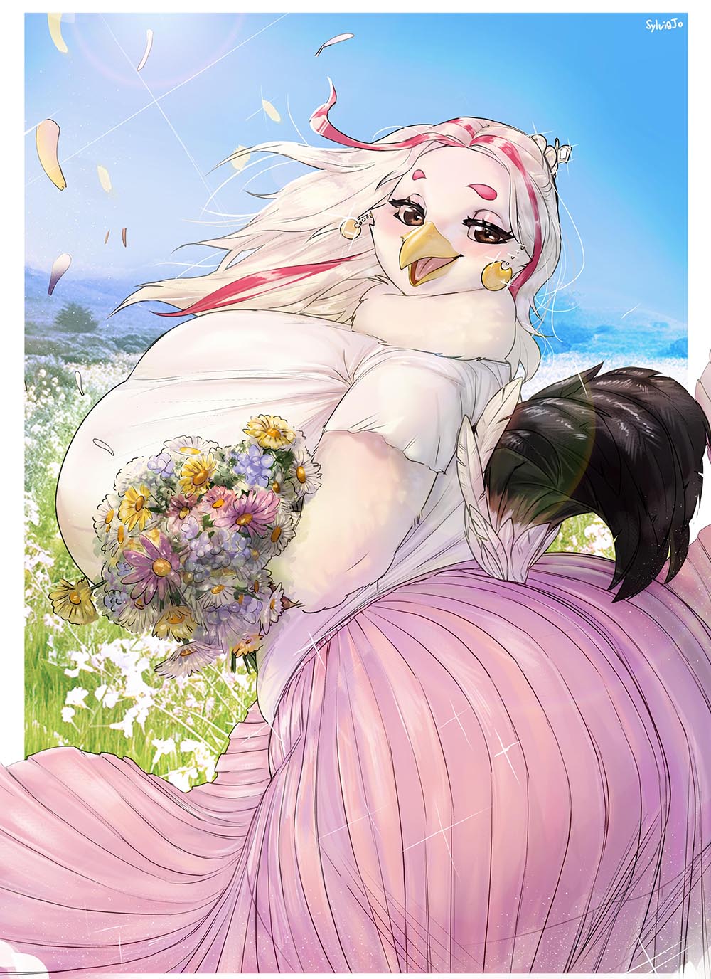 2023 anthro avian big_breasts big_butt bird blush bottomwear bouquet breasts butt chicken clothing detailed detailed_background digital_media_(artwork) dress eyelashes feathers female flower flower_bouquet galliform gallus_(genus) hair hi_res huge_breasts huge_butt hyper hyper_breasts long_hair looking_at_viewer phasianid plant reading side_boob skirt solo sylviajo white_body white_feathers white_hair