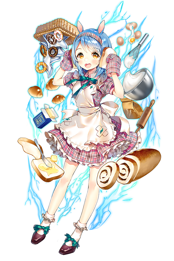 1girl :o ancotaku animal_ears apron blue_bow blue_bowtie blue_hair bow bowtie bread butter cracked_egg croissant doughnut egg food full_body hands_up knife looking_at_viewer mixing_bow official_art oven_mitts plaid plaid_hairband plaid_skirt ramsay_(soccer_spirits) rolling_pin skirt soccer_spirits socks standing third-party_source whisk yellow_eyes