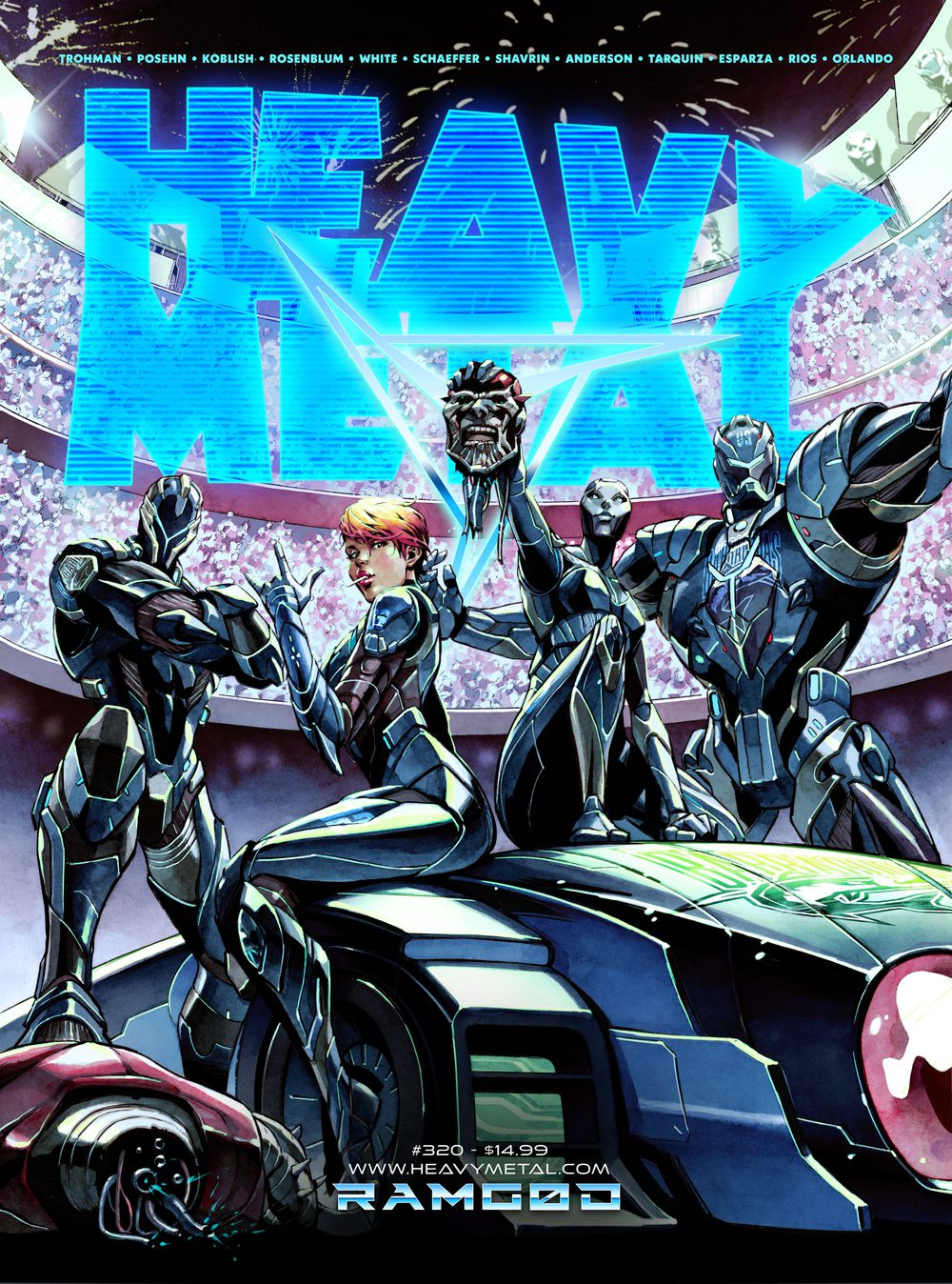 2girls 3boys \m/ android assault_visor cable car colosseum copyright_name cover cover_page crossed_arms fireworks heavy_metal_(magazine) hector_trunnec highres holding_head looking_at_viewer magazine_cover motor_vehicle multiple_boys multiple_girls official_art open_hand orange_hair power_armor ramgod red_eyes red_lips science_fiction severed_head short_hair sitting