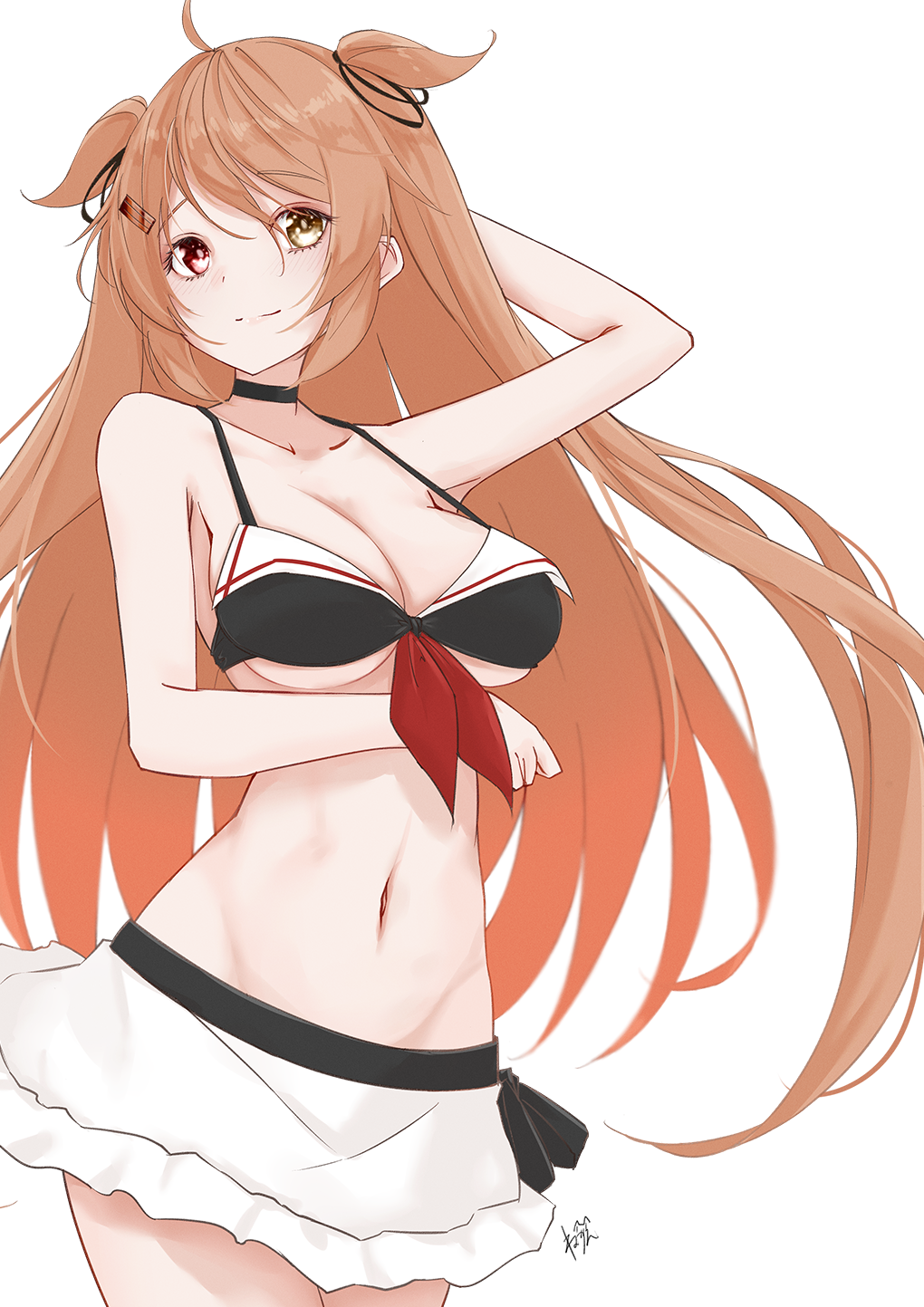 1girl ahoge animal_ears arm_under_breasts arm_up bikini black_bikini breasts brown_hair closed_mouth collarbone commentary cowboy_shot front-tie_bikini_top front-tie_top hair_ornament hairclip heterochromia highres kantai_collection large_breasts long_hair looking_at_viewer murasame_(kancolle) murasame_kai_ni_(kancolle) navel neve_(morris-minicooper) official_alternate_costume paid_reward_available red_eyes simple_background smile solo strap_gap swimsuit underboob very_long_hair white_background yellow_eyes