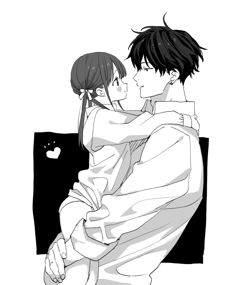 1boy 1girl age_difference blush carrying carrying_person chup2m collared_shirt couple earrings eye_contact from_side greyscale heart hetero hug jewelry long_hair long_sleeves looking_at_another monochrome no_pants original panties parted_lips profile shirt smile twintails two-tone_background underwear