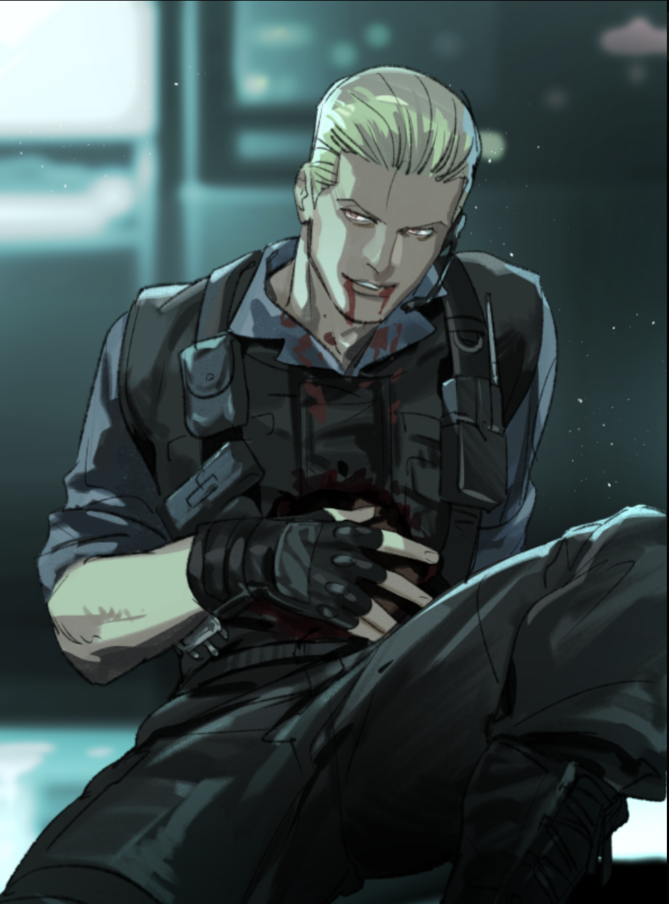 1boy albert_wesker black_gloves blonde_hair blood blood_on_clothes blood_on_face blue_shirt bulletproof_vest gloves highres muscular non-web_source pants police police_uniform resident_evil shirt tatsumi_(psmhbpiuczn) uniform