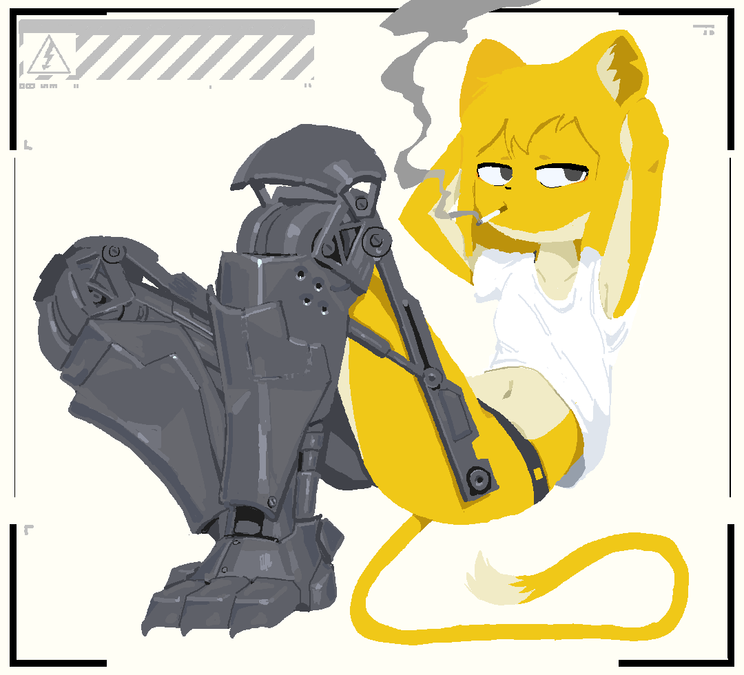 anthro bottomless cheetah cigarette clothed clothing felid feline female fur lemon_(page) lounging mammal page_(artist) prosthetic prosthetic_leg prosthetic_limb shirt smoking solo t-shirt tail topwear yellow_body yellow_fur