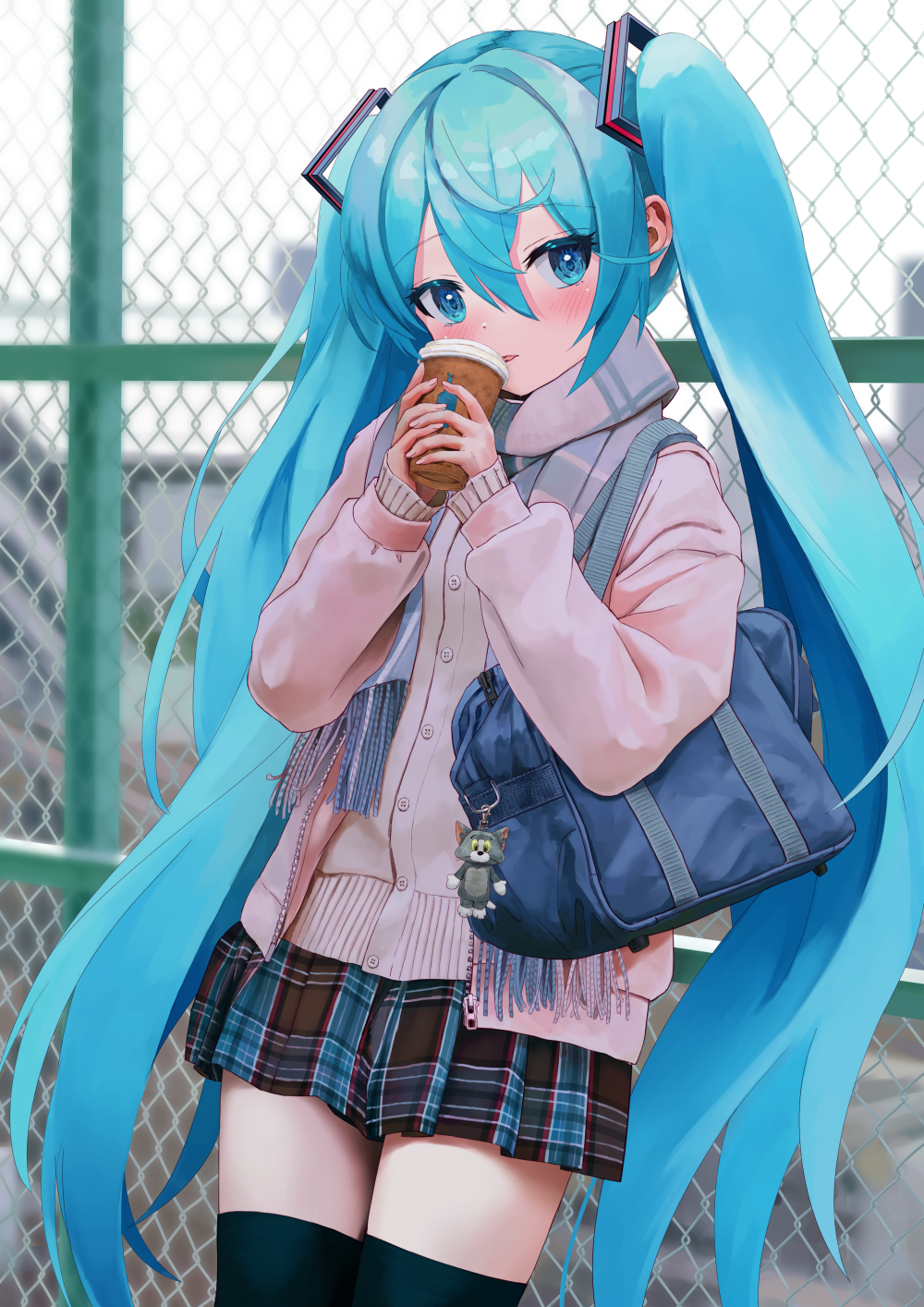 1girl bag bag_charm black_thighhighs blue_eyes blue_hair blurry blurry_background blush cardigan chain-link_fence character_doll charm_(object) coffee_cup commentary_request cowboy_shot cup disposable_cup fence hair_between_eyes hair_ornament hands_up hatsune_miku heart heart-shaped_pupils highres holding holding_cup jacket leaning_back long_hair long_sleeves looking_at_viewer miniskirt outdoors parted_lips pink_cardigan pink_jacket pink_scarf plaid plaid_scarf plaid_skirt pleated_skirt scarf school_bag school_uniform skirt solo symbol-shaped_pupils takepon1123 thighhighs tom_(tom_and_jerry) tom_and_jerry twintails very_long_hair vocaloid zettai_ryouiki