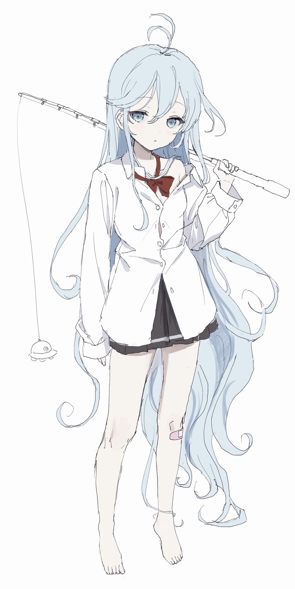 1girl absurdly_long_hair antenna_hair bandaid bandaid_on_knee bandaid_on_leg barefoot blue_eyes blue_hair blush bow bowtie denpa_onna_to_seishun_otoko expressionless fishing_rod full_body highres holding holding_fishing_rod long_hair loose_bowtie off_shoulder shikaiq shirt simple_background single_bare_shoulder sketch skirt solo touwa_erio ufo very_long_hair white_background white_shirt