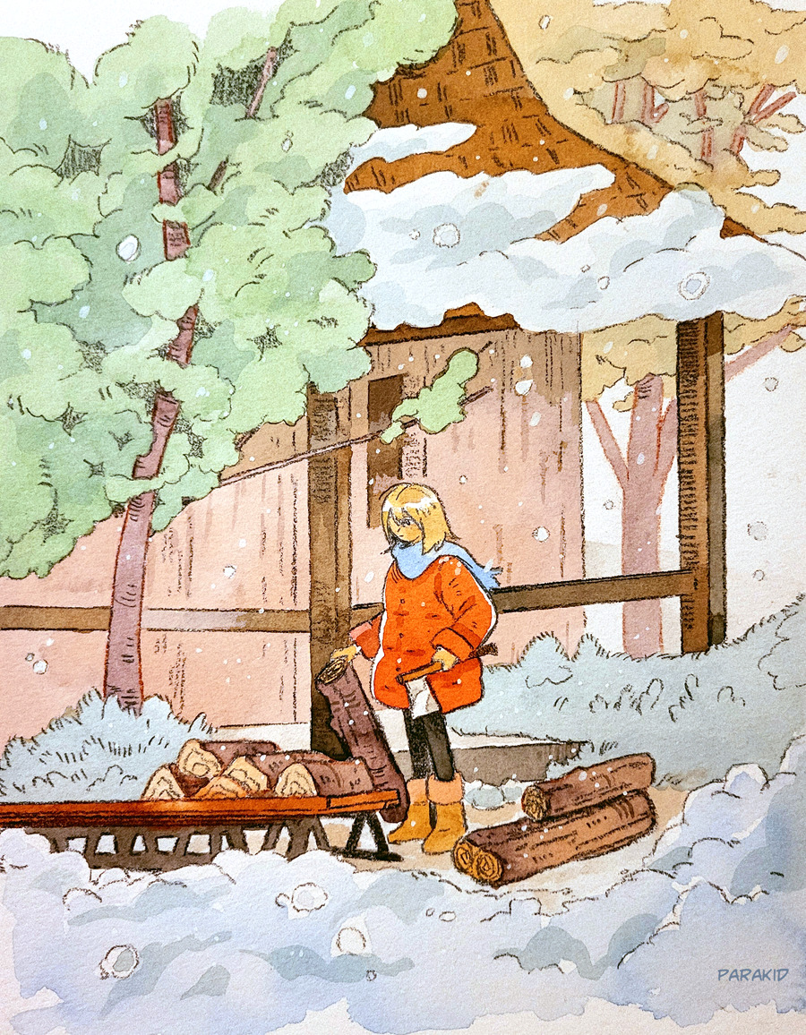 1girl axe black_leggings blonde_hair blue_scarf brown_footwear building coat holding holding_axe inking leggings log medium_hair no_headwear one_eye_covered orange_coat original outdoors painting_(medium) parak1d scarf snow traditional_media tree watercolor_(medium) winter winter_clothes