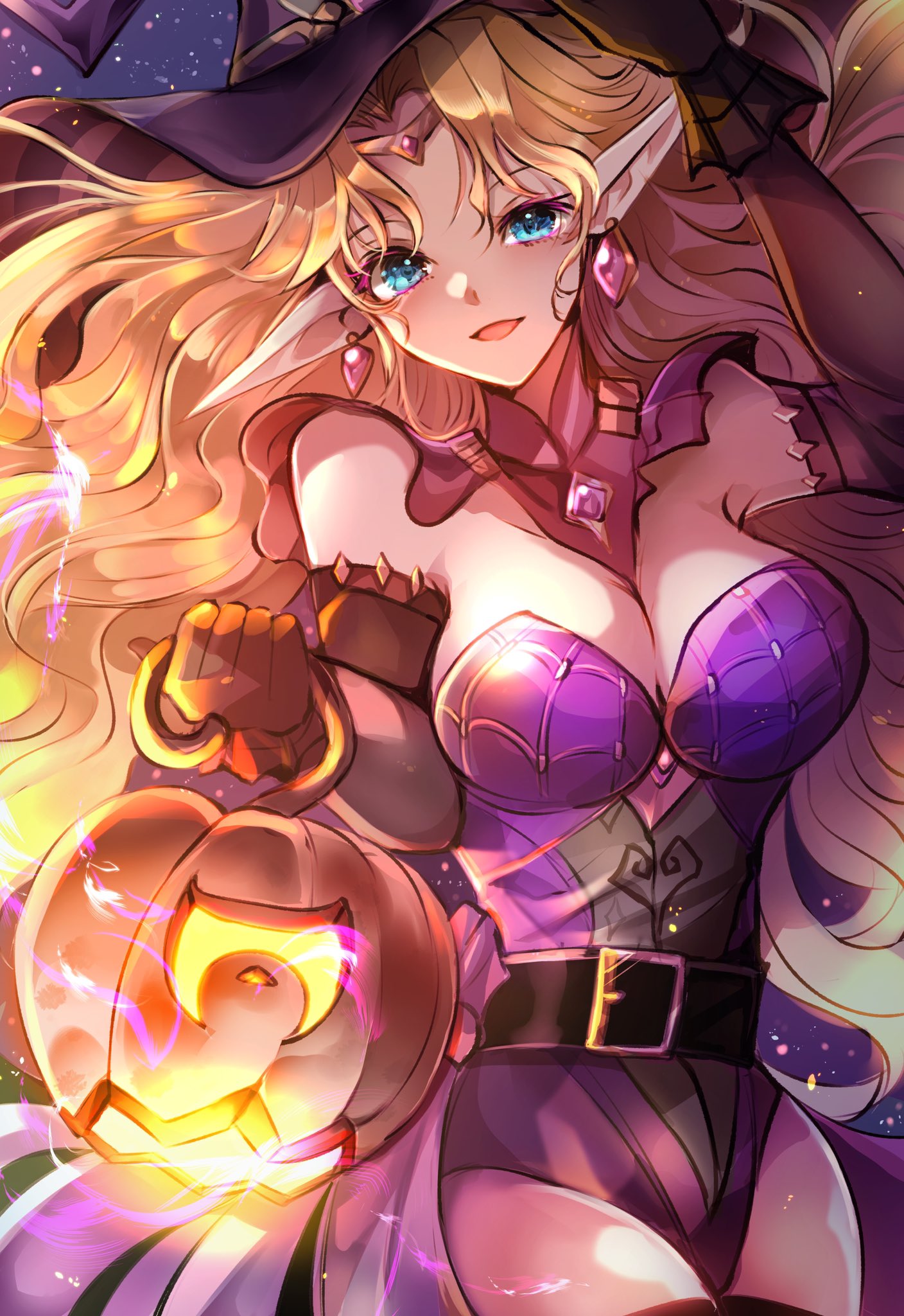 1girl any813 blonde_hair blue_eyes breasts cleavage dress earrings esper_(saga_2) gloves halloween halloween_costume hat highres jack-o'-lantern jewelry long_hair looking_at_viewer open_mouth pointy_ears pumpkin saga saga_2 smile solo thighhighs witch_hat