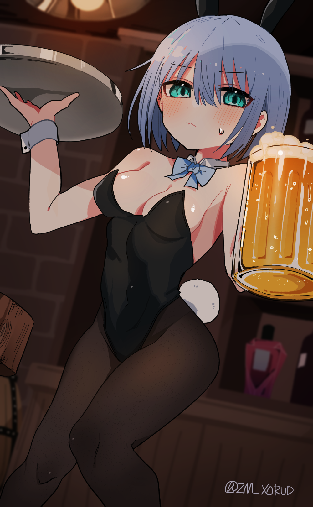 1girl alcohol animal_ears aqua_eyes bar_(place) beer beer_mug black_leotard black_pantyhose blue_bow blue_bowtie blue_hair bow bowtie breasts cup detached_collar feet_out_of_frame highres holding indoors jamongssui leotard looking_at_viewer medium_breasts mug original pantyhose playboy_bunny rabbit_ears rabbit_tail short_hair simple_background solo strapless strapless_leotard tail tray white_background wrist_cuffs