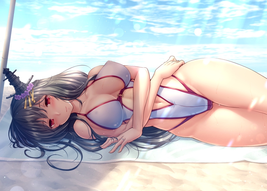 1girl beach black_hair breasts casual_one-piece_swimsuit clothing_cutout commission cowboy_shot crossed_arms day fusou_(kancolle) headgear kantai_collection large_breasts long_hair looking_at_viewer lying navel navel_cutout on_side one-piece_swimsuit outdoors red_eyes ryu-akt skeb_commission solo swimsuit white_one-piece_swimsuit