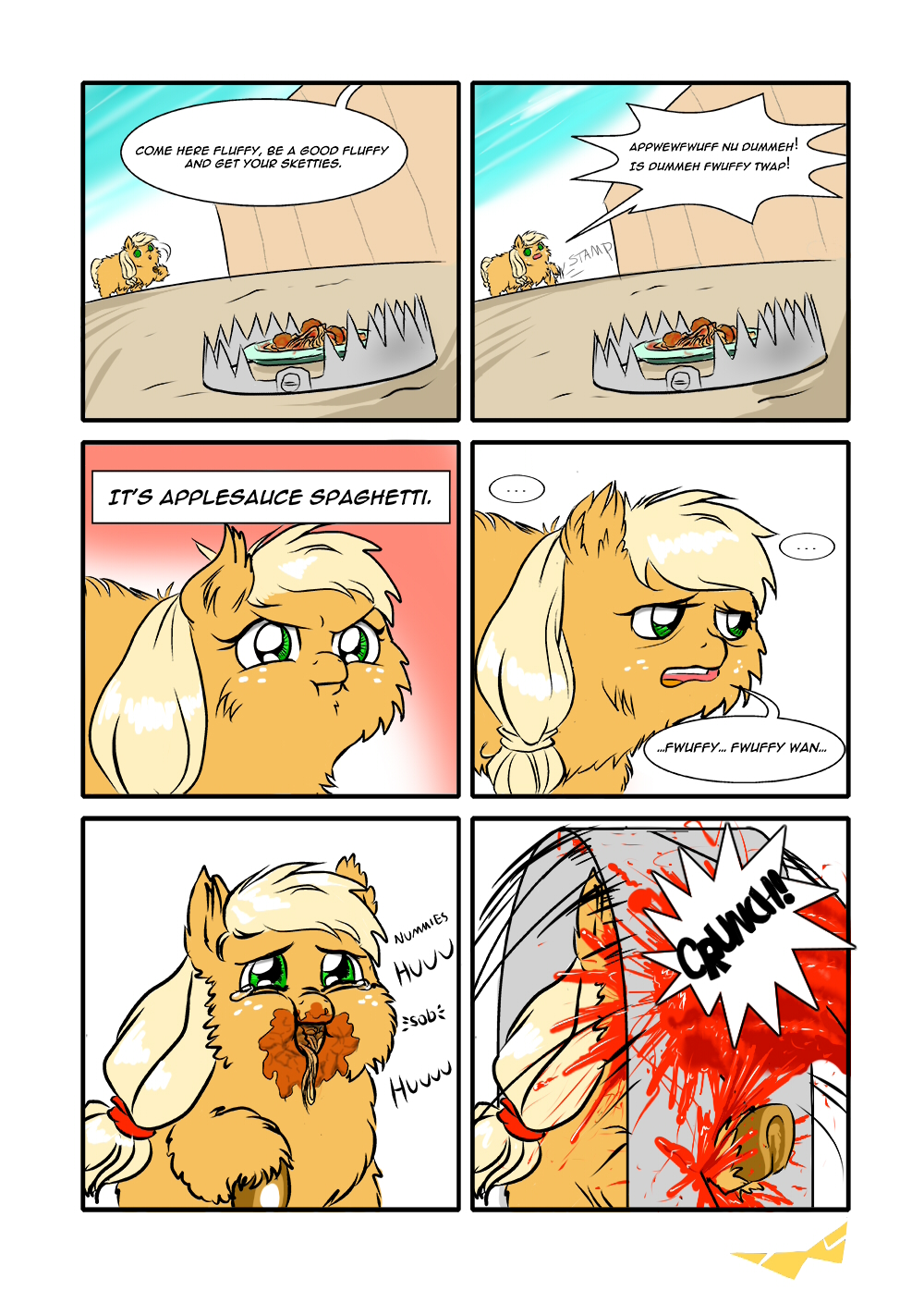 applejack_(mlp) bear_trap blonde_hair blood bodily_fluids crying death female feral fluffy_pony food friendship_is_magic fur gore green_eyes hair hasbro hi_res meatball my_little_pony offscreen_character orange_body orange_fur pasta picket_fence plate shadysmarty solo spaghetti tears trap_(contrivance) violence