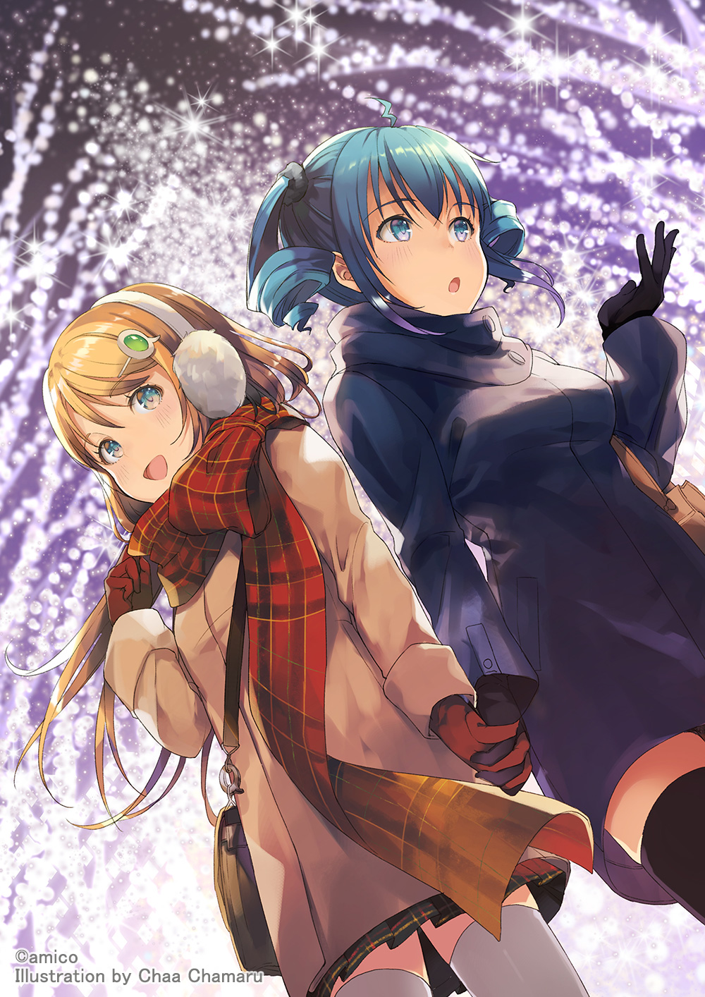 2girls amiami_(company) amico bag black_gloves black_thighhighs blue_eyes blue_hair blush breasts christmas_lights earmuffs gloves hair_ornament highres holding_hands jacket lilco long_hair long_sleeves medium_breasts multiple_girls official_art open_mouth orange_hair plaid plaid_scarf red_gloves scarf sparkle thighhighs twintails white_thighhighs winter_clothes yumekui