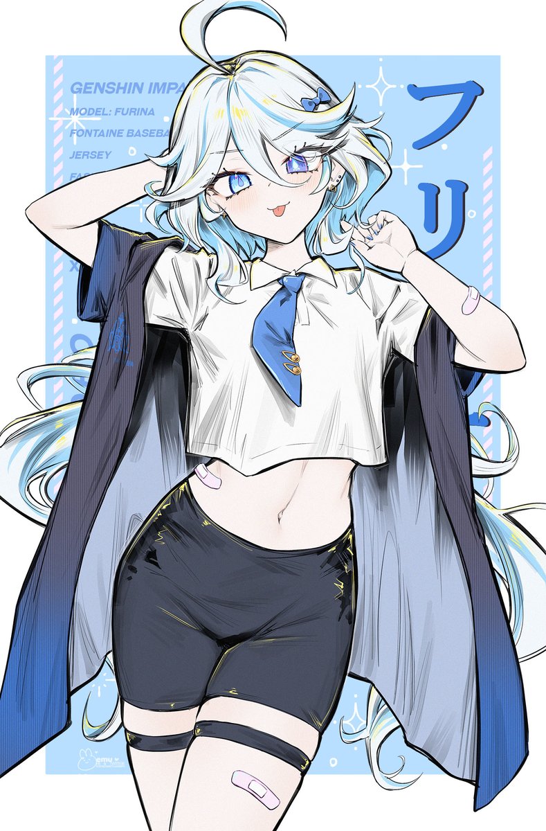 1girl arm_behind_head bandaid bandaid_on_arm bandaid_on_leg bandaid_on_stomach black_jacket black_shorts blue_eyes blue_hair blue_necktie breasts collared_shirt commentary cowboy_shot cropped_shirt dutch_angle emu_(confisery) english_commentary english_text furina_(genshin_impact) genshin_impact hair_between_eyes heterochromia highres jacket linea_alba long_hair looking_at_viewer midriff multicolored_hair navel necktie open_clothes open_jacket polo_shirt shirt short_necktie short_sleeves shorts small_breasts solo streaked_hair thigh_strap tongue tongue_out two-tone_hair very_long_hair white_hair white_shirt