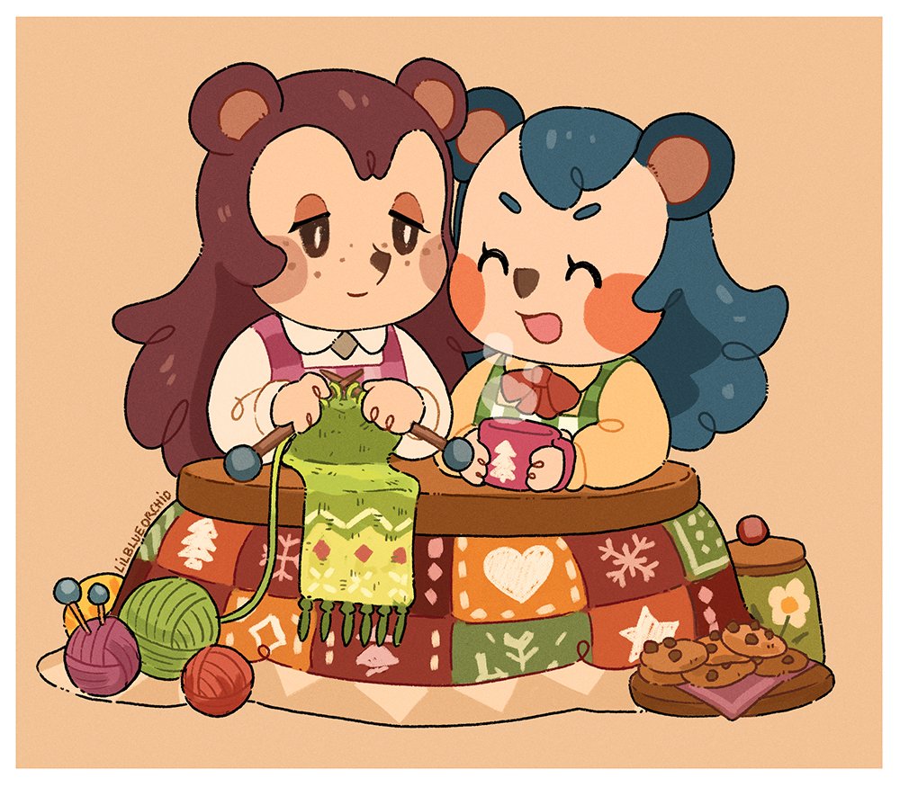 animal_crossing anthro apron ball_of_yarn blue_hair brown_hair brown_nose clothed clothing cookie digital_media_(artwork) duo eulipotyphlan eyebrows eyelashes eyes_closed food freckles fully_clothed furniture hair half-closed_eyes hedgehog holding_mug holding_object lilblueorchid mabel_able mammal mug narrowed_eyes nintendo open_mouth sable_able sewing sibling_(lore) sister_(lore) sisters_(lore) smile snout table tan_body yarn