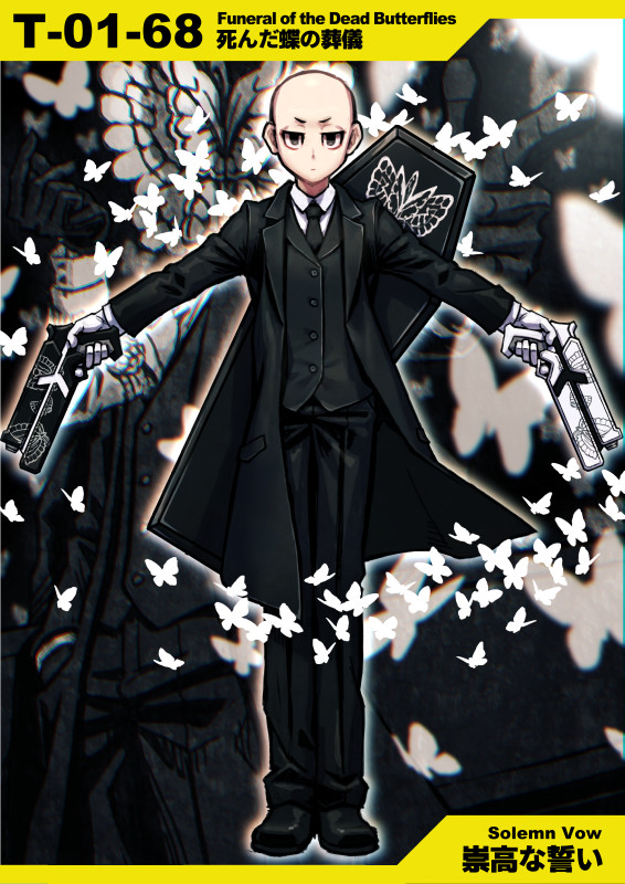 2boys bald black_coat black_eyes black_footwear black_gloves black_jacket black_necktie black_pants bug butterfly buttons check_gender closed_mouth coat collared_coat collared_jacket collared_shirt commentary_request dark_background denim dual_wielding e.g.o_(project_moon) employee_(lobotomy_corporation) full_body funeral_of_the_dead_butterflies gloves gun half-closed_eyes handgun holding holding_gun holding_weapon jacket jeans light_frown lobotomy_corporation long_sleeves looking_at_viewer meimaru_inuchiyo monochrome multiple_boys necktie numbered pants partial_commentary project_moon shirt shoes v-shaped_eyebrows weapon white_gloves white_shirt white_sleeves