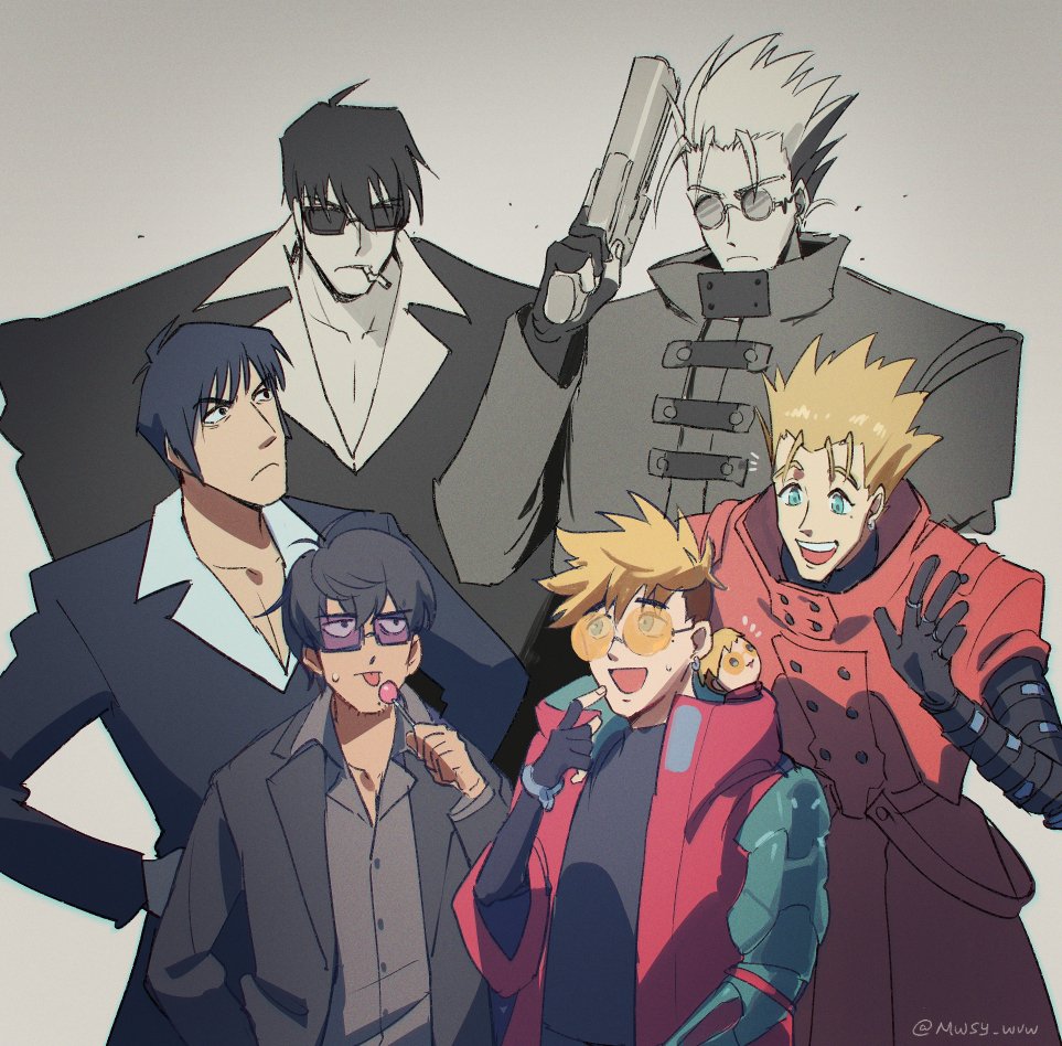 6+boys :d :p black_eyes black_gloves black_hair black_jacket black_shirt blonde_hair blue_eyes candy cigarette coat collared_shirt cowboy_shot earrings facial_hair fingerless_gloves food frown glasses gloves grey_background gun hand_up holding holding_candy holding_food holding_gun holding_lollipop holding_weapon jacket jewelry lollipop long_sleeves male_focus mouth_hold multiple_boys nicholas_d._wolfwood open_mouth prosthesis prosthetic_arm red_coat round_eyewear shirt single_earring smile souyuu spiked_hair standing sweatdrop tongue tongue_out trigun trigun_stampede undercut v-shaped_eyebrows vash_the_stampede weapon white_shirt