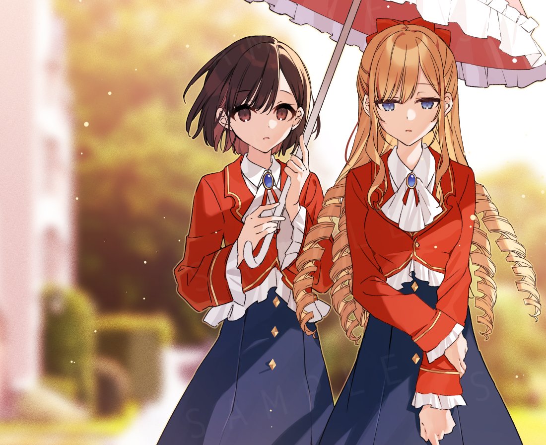 2girls ascot blonde_hair blue_eyes blue_skirt blurry blurry_background bow brown_eyes brown_hair claire_francois cropped_jacket drill_hair drill_sidelocks frilled_jacket frills hair_bow hanagata holding holding_umbrella jacket long_hair long_sleeves multiple_girls parted_lips rae_taylor red_bow red_jacket school_uniform short_hair sidelocks skirt umbrella upper_body watashi_no_oshi_wa_akuyaku_reijou white_ascot