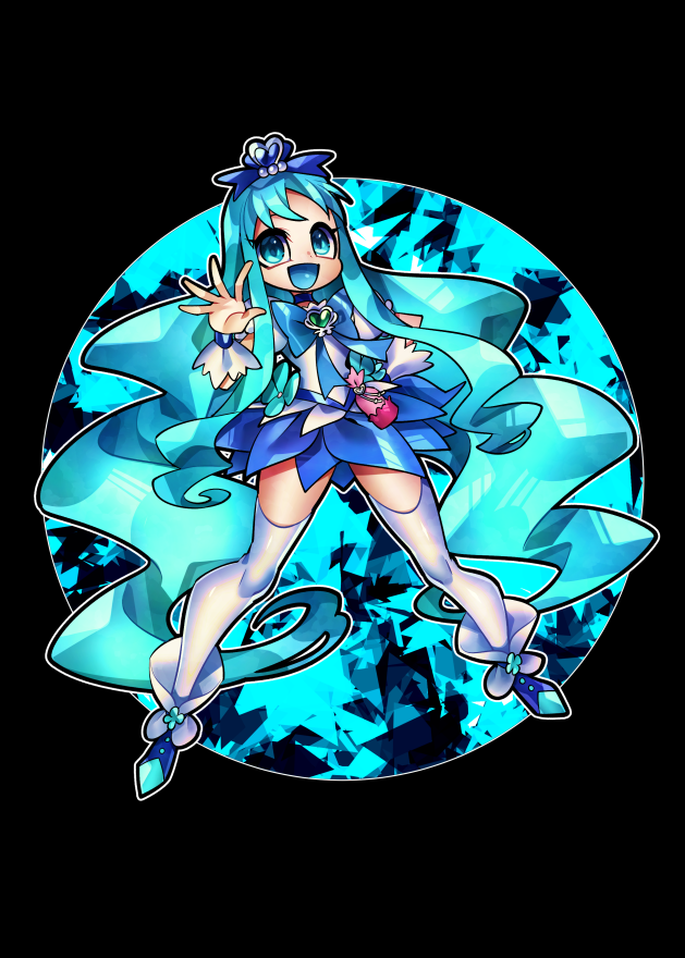1girl absurdly_long_hair aqua_eyes aqua_hair black_background blue_bow blue_dress blue_eyes blue_hair boots bow brooch commentary_request crystal cure_marine dress earrings flower full_body hair_ornament hairclip heart heart_brooch heart_hair_ornament heartcatch_precure! jewelry kurumi_erika long_hair looking_at_viewer magical_girl multicolored_clothes multicolored_dress open_mouth petite precure senmu_(0107) sidelocks simple_background smile solo thighhighs thighhighs_under_boots twintails very_long_hair waving white_dress white_thighhighs wrist_cuffs zettai_ryouiki