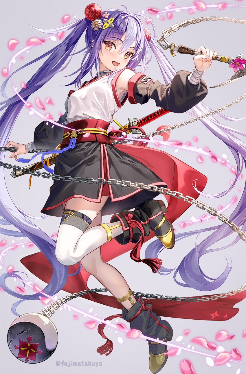 1girl :d bare_shoulders black_footwear black_skirt black_sleeves boots breasts brown_eyes chain commentary_request copyright_request detached_sleeves flower fujima_takuya full_body grey_background hair_between_eyes hair_flower hair_ornament highres holding holding_weapon katana long_hair long_sleeves ninja petals pink_flower puffy_long_sleeves puffy_sleeves purple_hair sheath sheathed shuriken_hair_ornament simple_background single_thighhigh skirt small_breasts smile solo sword thighhighs thighhighs_under_boots twintails twitter_username very_long_hair weapon weapon_request white_flower white_thighhighs