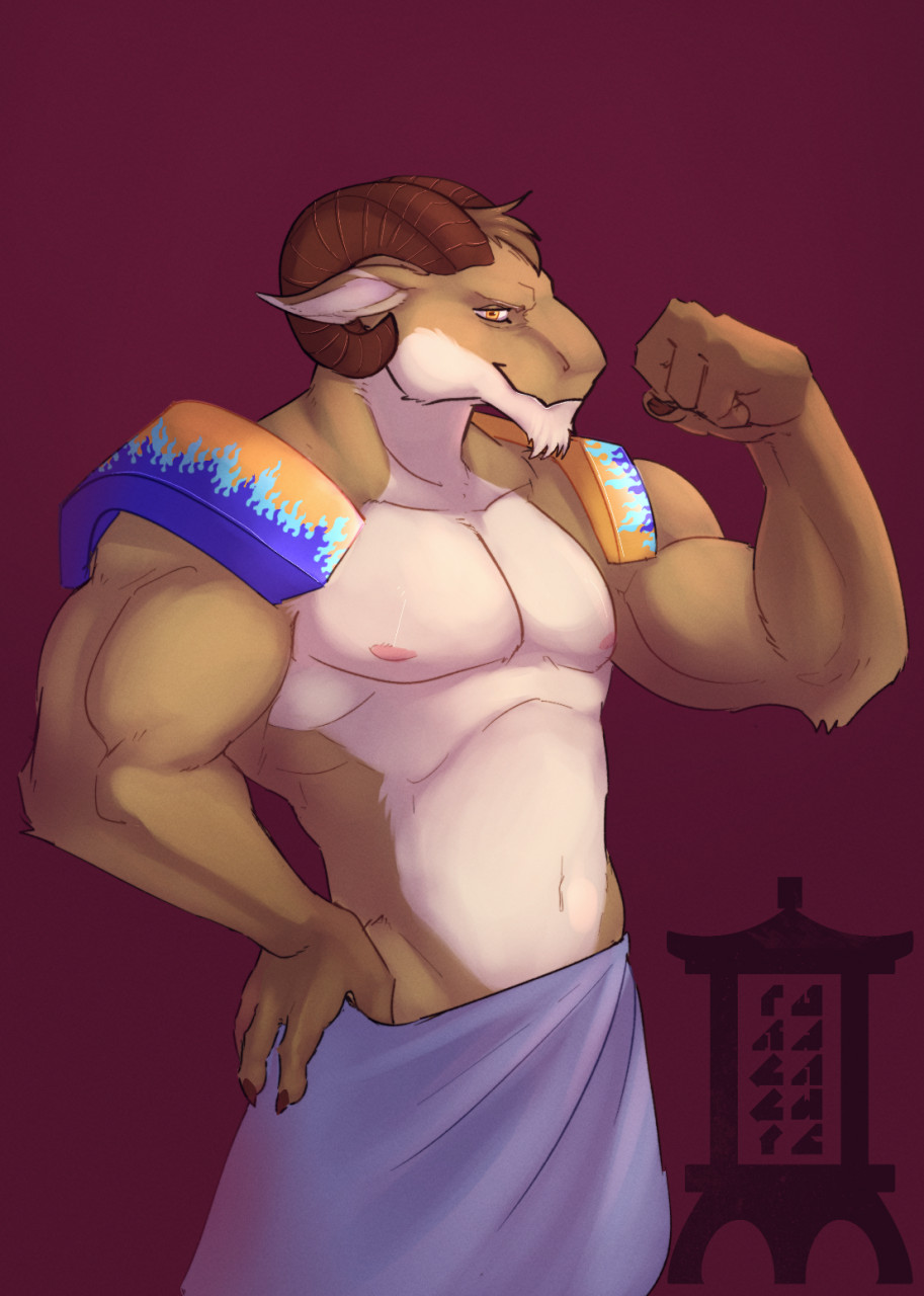 anthro bovid bovid_horn caprine caprine_horn confident_male dragon_hybrid flexing_bicep hand_on_hip hi_res horn male mammal muscular muscular_male pecs ram_horn solo solo_focus tali-draws towel_around_waist