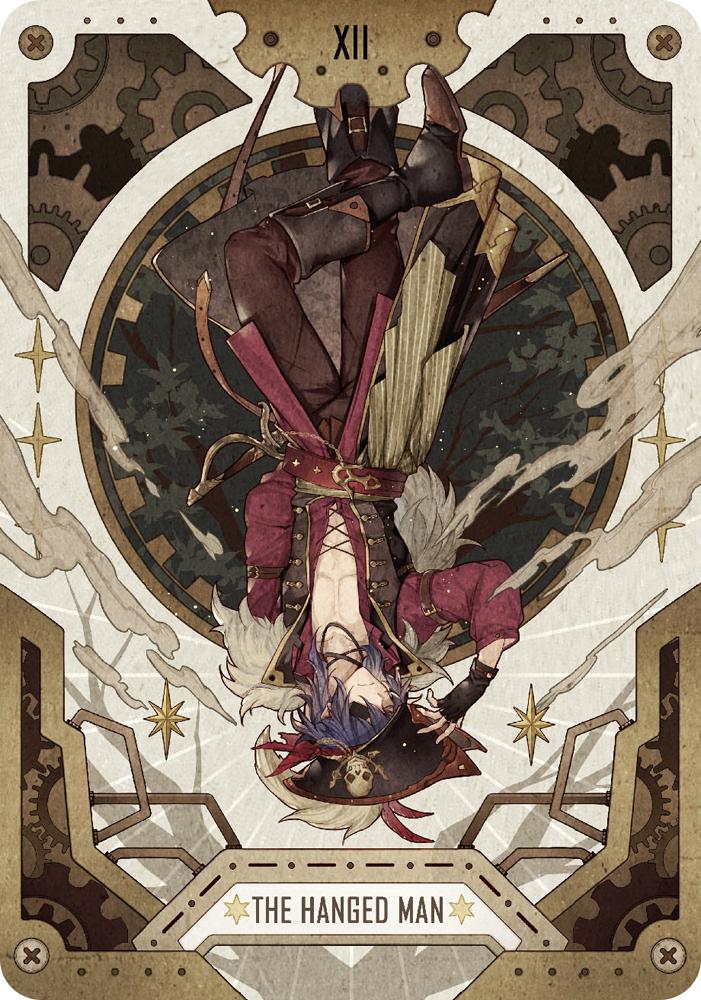 abs achan_(blue_semi) alger_wilson blue_hair boots brown_pants eyepatch gears hat lord_of_the_mysteries official_art pants pirate_costume pirate_hat red_shirt shirt skull tarot tarot_(card) the_hanged_man_(tarot) upside-down